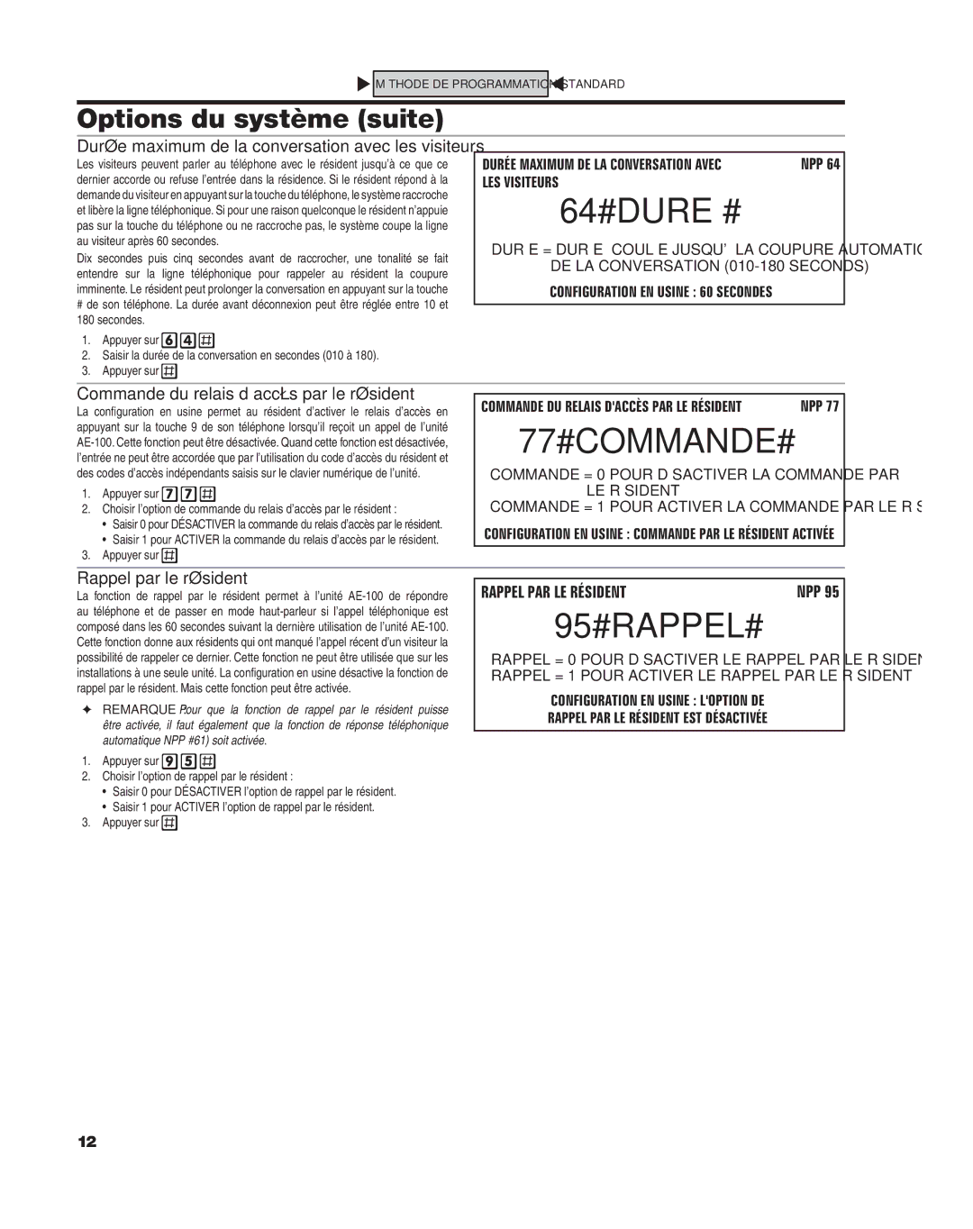 Linear AE-100 64#DUREÉ#, 77#COMMANDE#, 95#RAPPEL#, Commande du relais d’accès par le résident, Rappel par le résident 