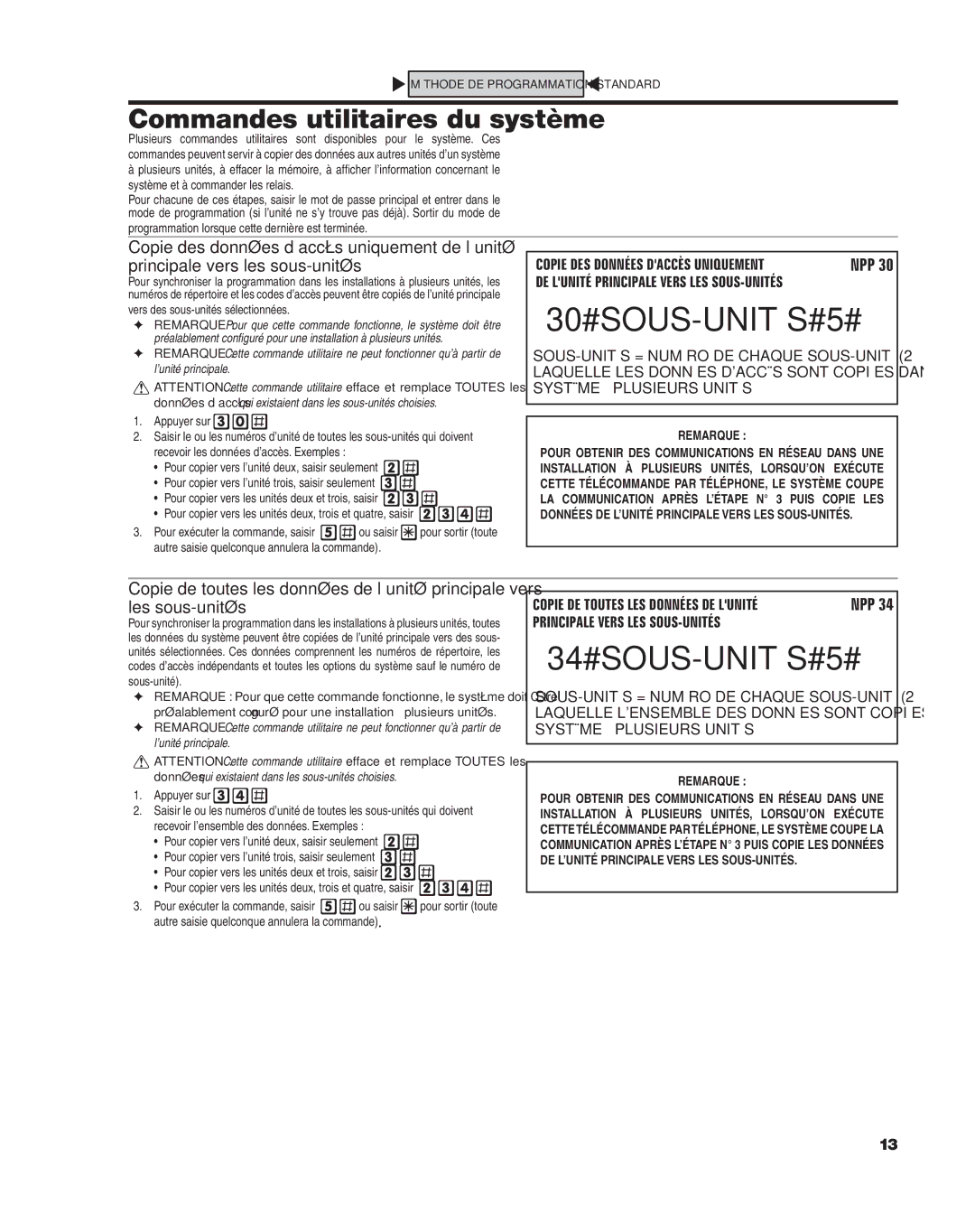 Linear AE-100 manual Commandes utilitaires du système, Vers des sous-unités sélectionnées, Remarque 