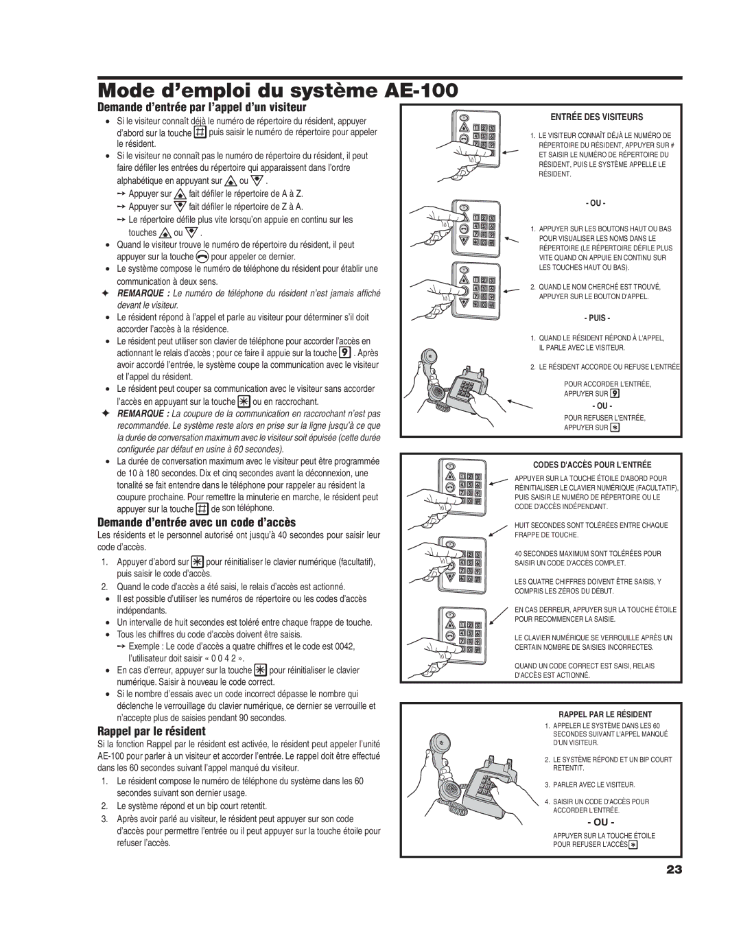 Linear manual Mode d’emploi du système AE-100, Demande d’entrée par l’appel d’un visiteur, Rappel par le résident 