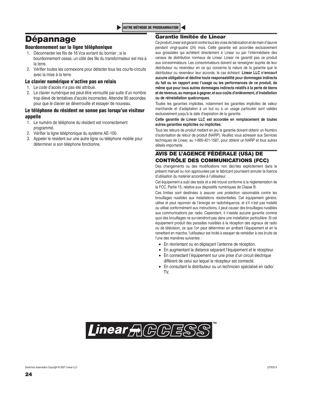 Linear AE-100 manual Dépannage, Garantie limitée de Linear, Bourdonnement sur la ligne téléphonique 