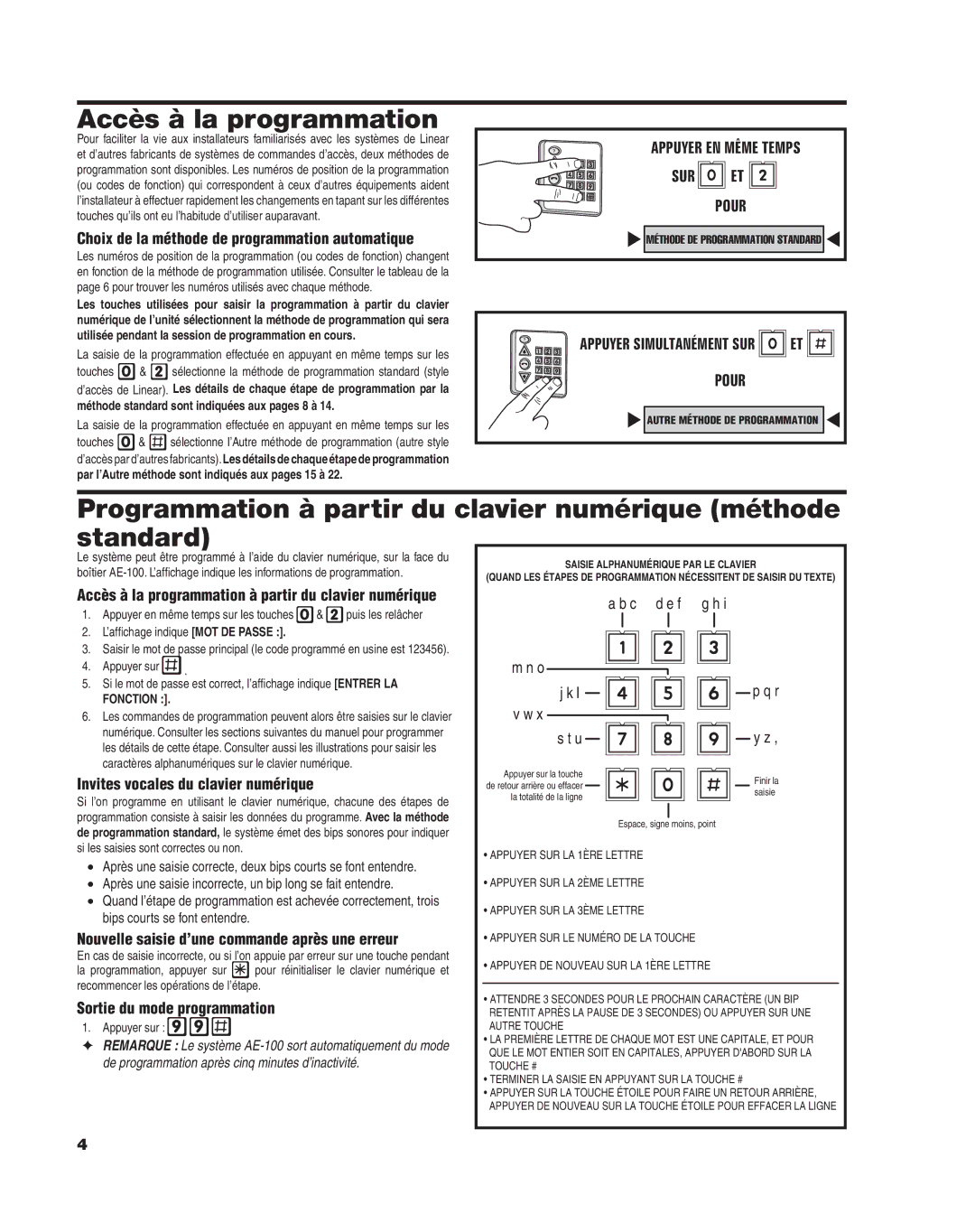 Linear AE-100 manual Accès à la programmation 