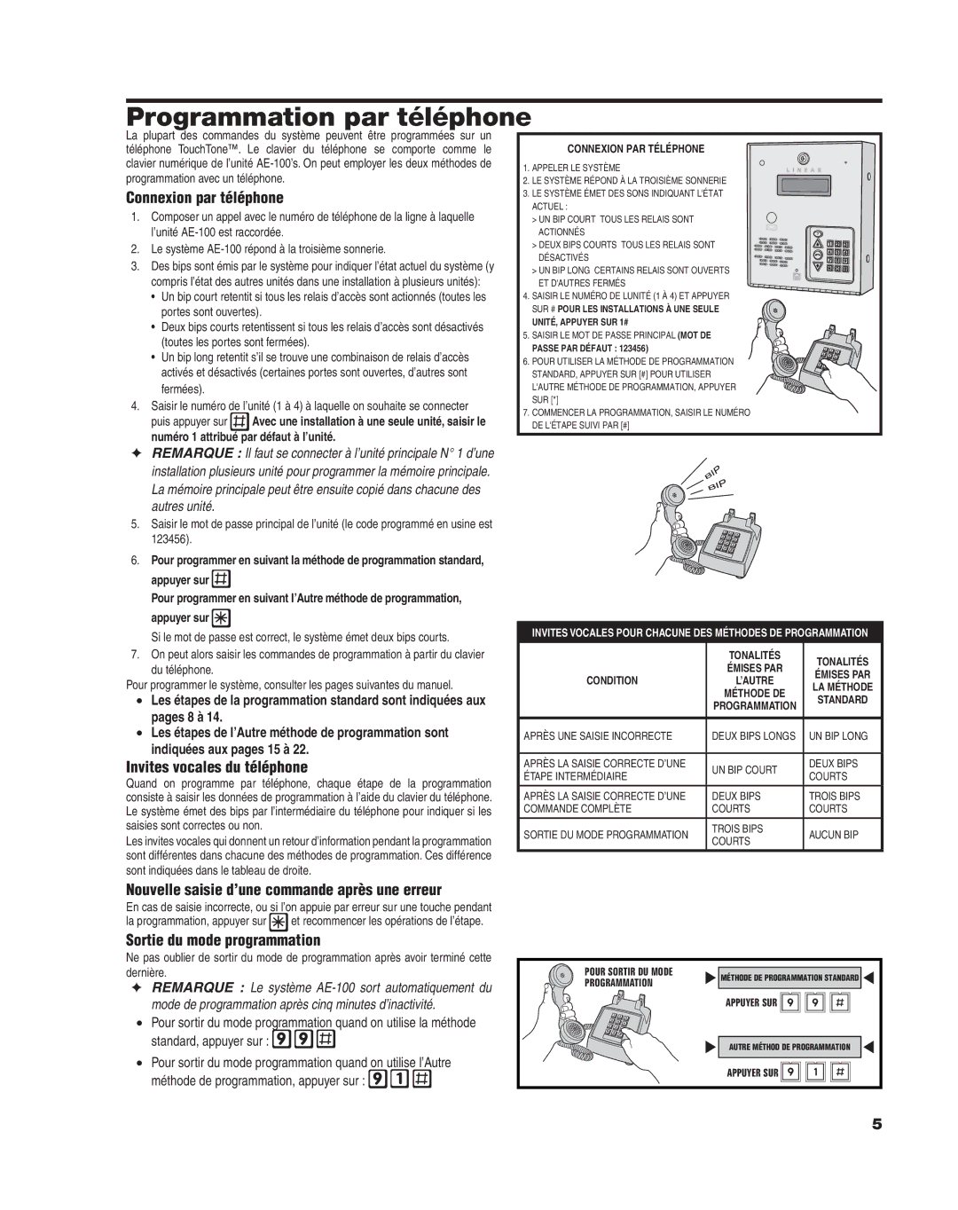 Linear AE-100 manual Programmation par téléphone, Connexion par téléphone, Invites vocales du téléphone, Du téléphone 