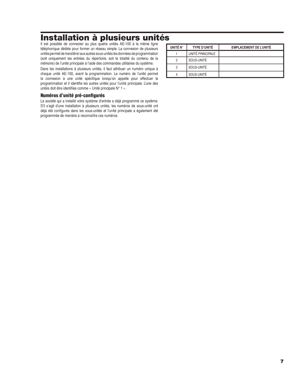 Linear AE-100 manual Installation à plusieurs unités, Numéros d’unité pré-conﬁgurés 