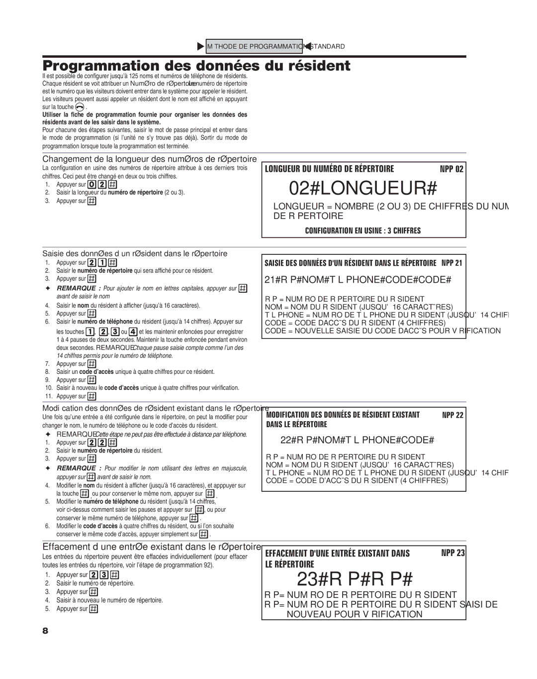 Linear AE-100 manual 02#LONGUEUR#, 23#RÉP#RÉP#, Programmation des données du résident 