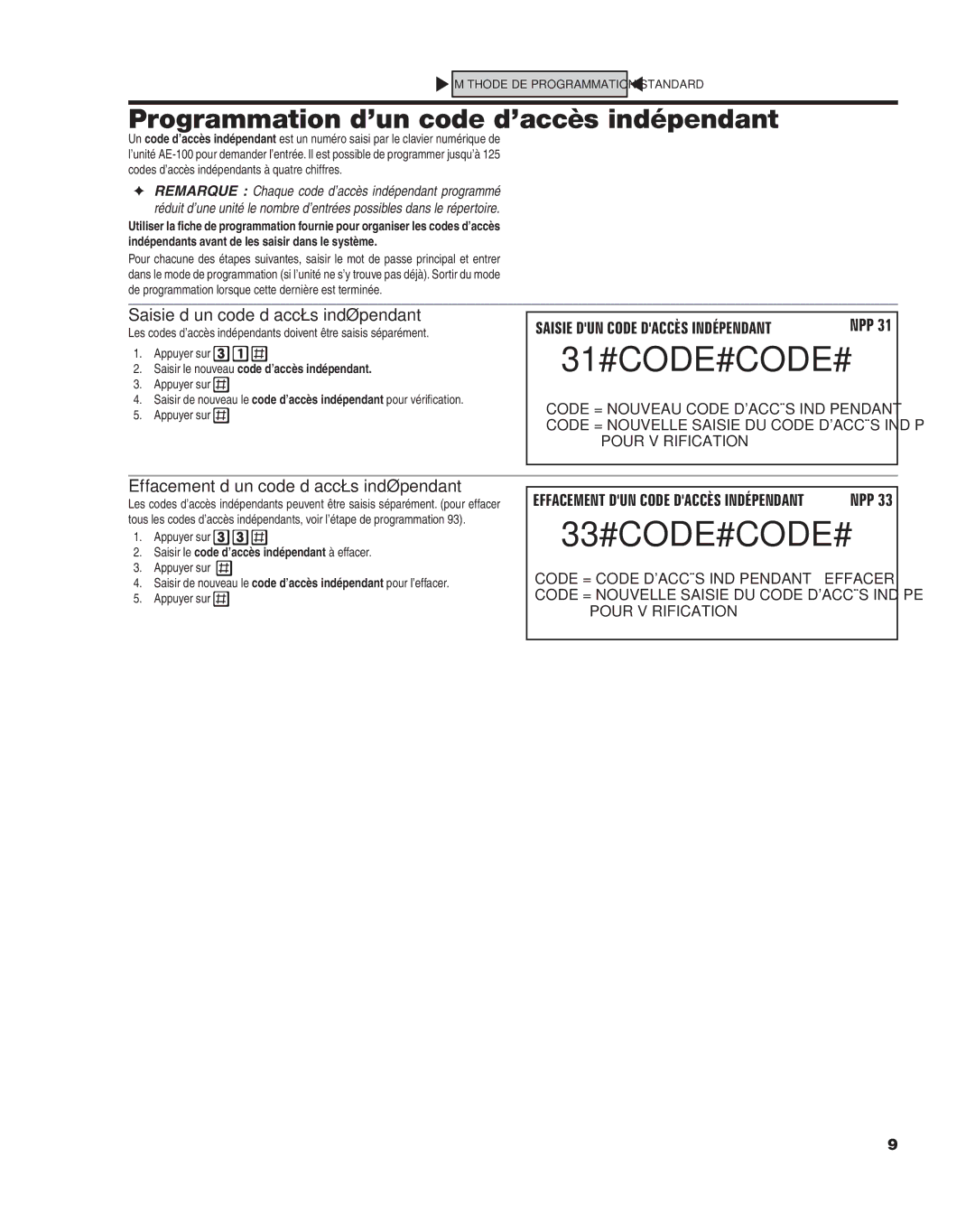 Linear AE-100 manual 31#CODE#CODE#, 33#CODE#CODE#, Programmation d’un code d’accès indépendant 