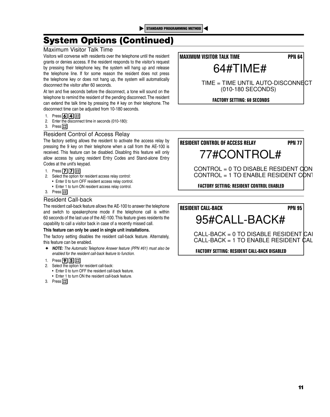 Linear AE-100 77#CONTROL#, 95#CALL-BACK#, Maximum Visitor Talk Time, Resident Control of Access Relay, Resident Call-back 