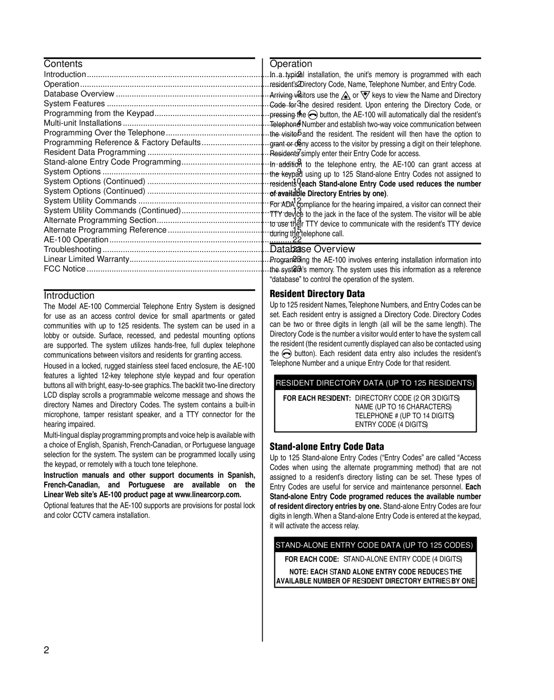 Linear AE-100 manual Resident Directory Data, Stand-alone Entry Code Data 