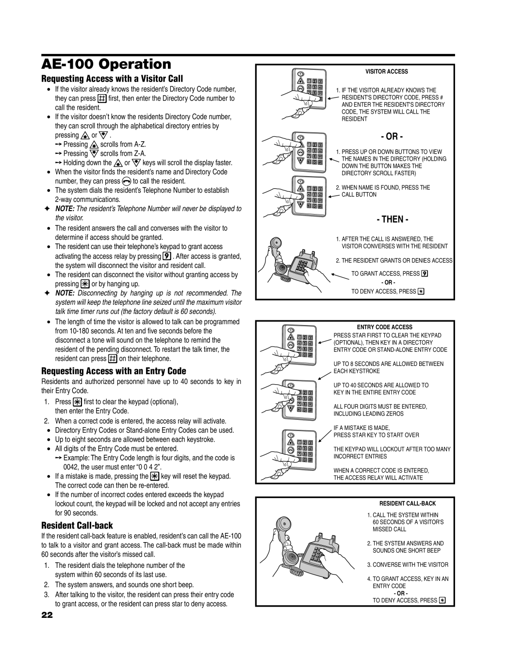 Linear manual AE-100 Operation, Requesting Access with a Visitor Call, Requesting Access with an Entry Code 