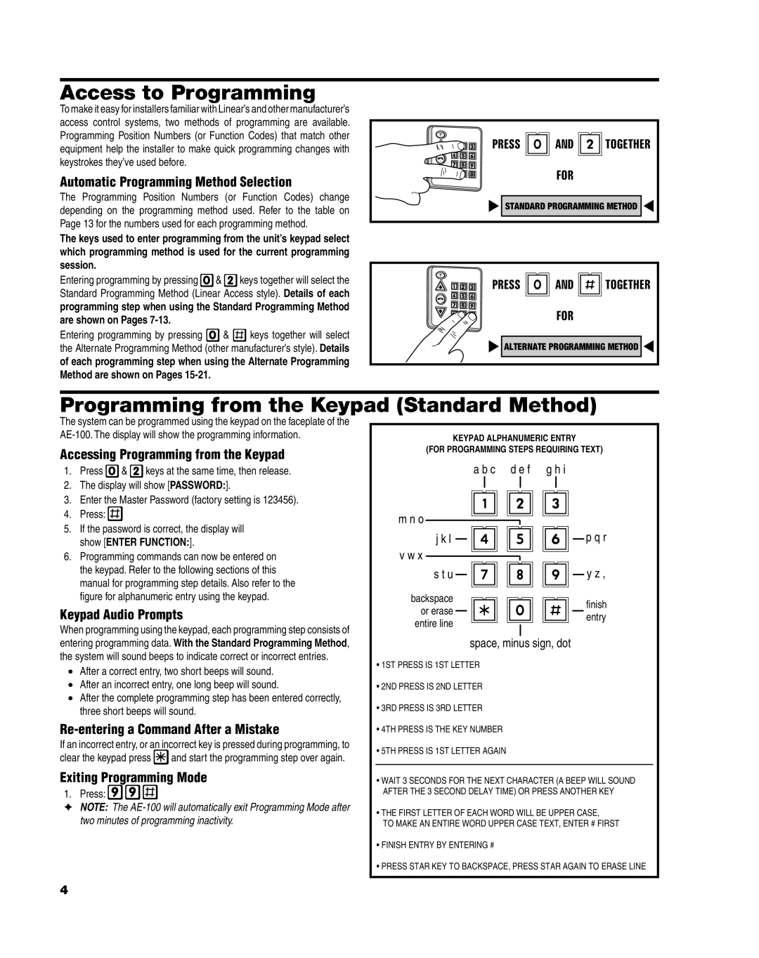 Linear AE-100 manual Access to Programming, Programming from the Keypad Standard Method 