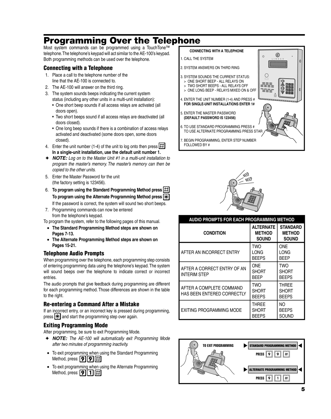 Linear AE-100 manual Programming Over the Telephone, Connecting with a Telephone, Telephone Audio Prompts, Condition Method 