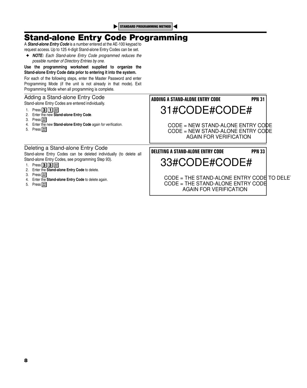 Linear AE-100 manual 31#CODE#CODE#, 33#CODE#CODE#, Stand-alone Entry Code Programming, Adding a Stand-alone Entry Code 