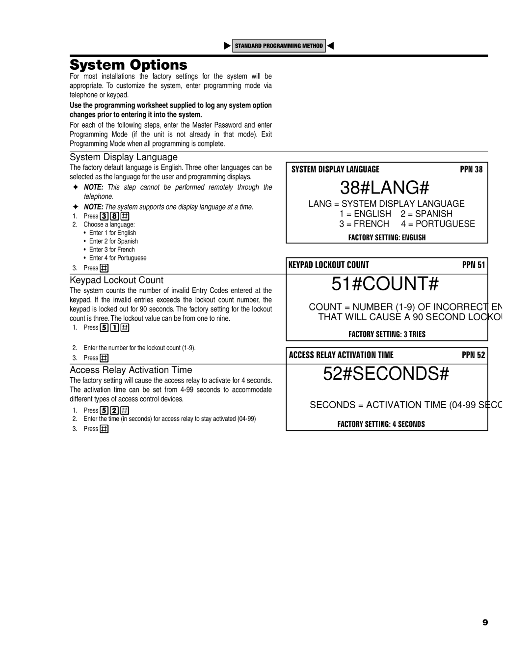 Linear AE-100 manual 51#COUNT#, System Options, System Display Language, Keypad Lockout Count, Access Relay Activation Time 