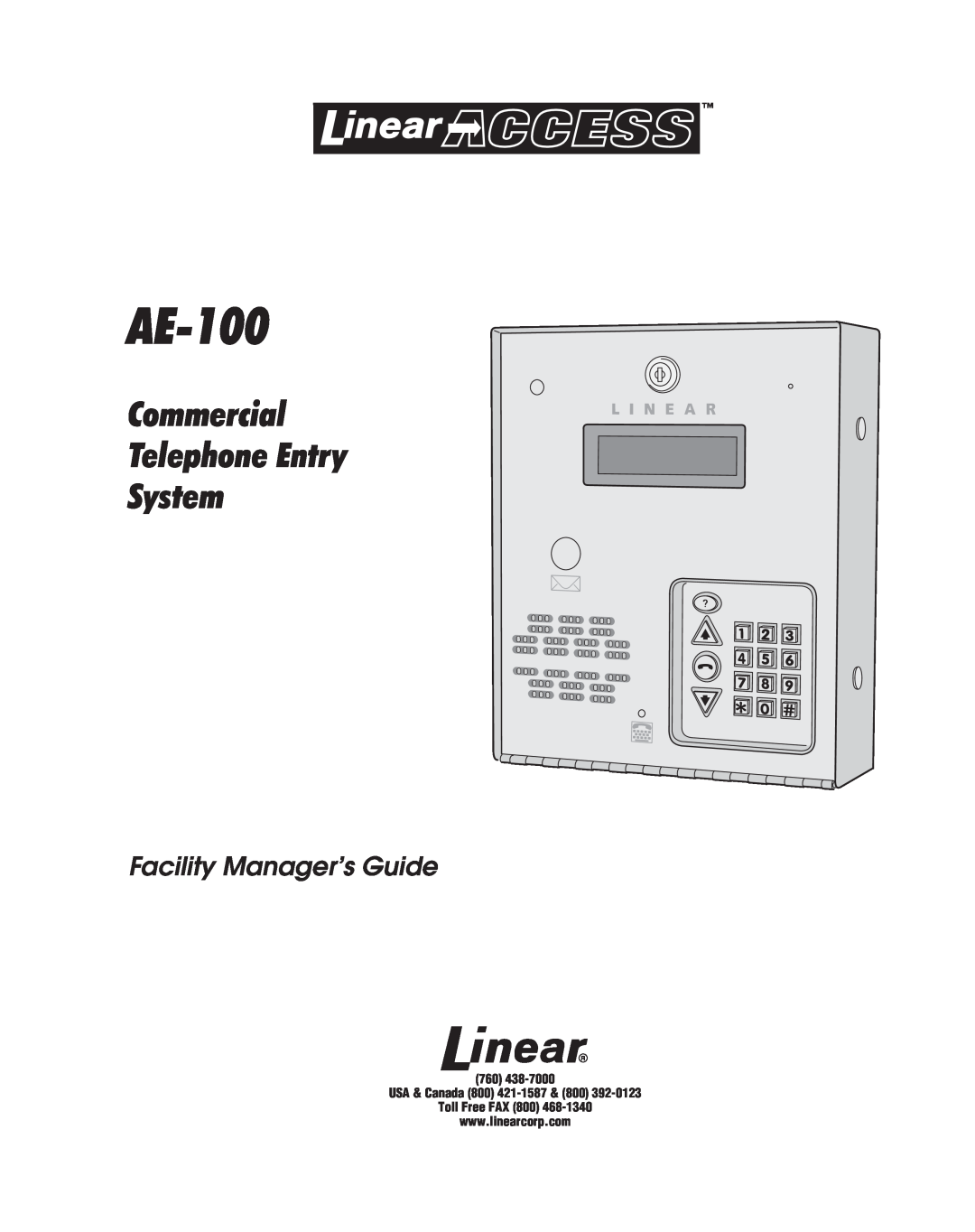 Linear AE-100 manual Commercial Telephone Entry System, Facility Manager’s Guide, USA & Canada 