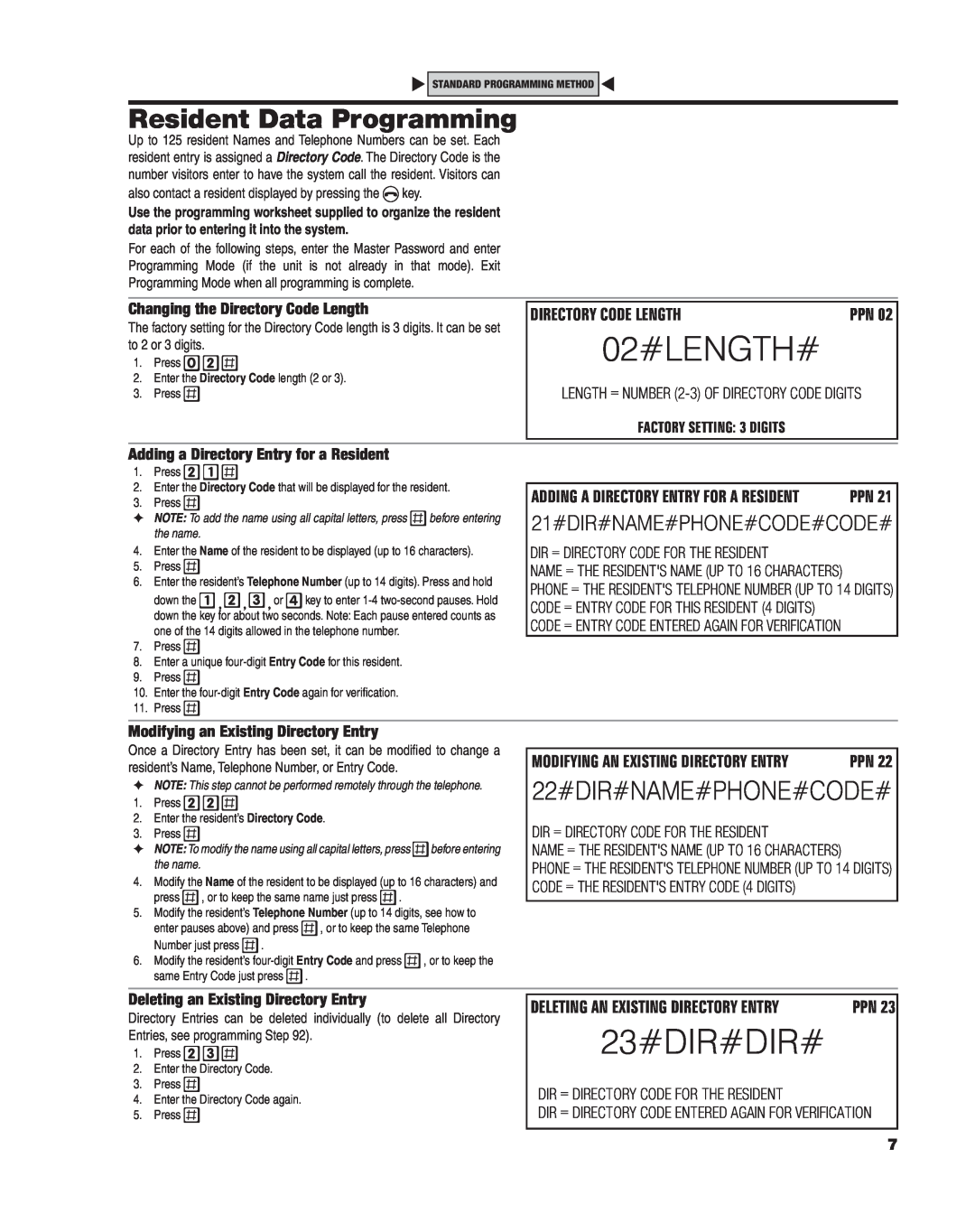 Linear AE-100 manual 02#LENGTH#, 23#DIR#DIR#, Resident Data Programming, Changing the Directory Code Length 