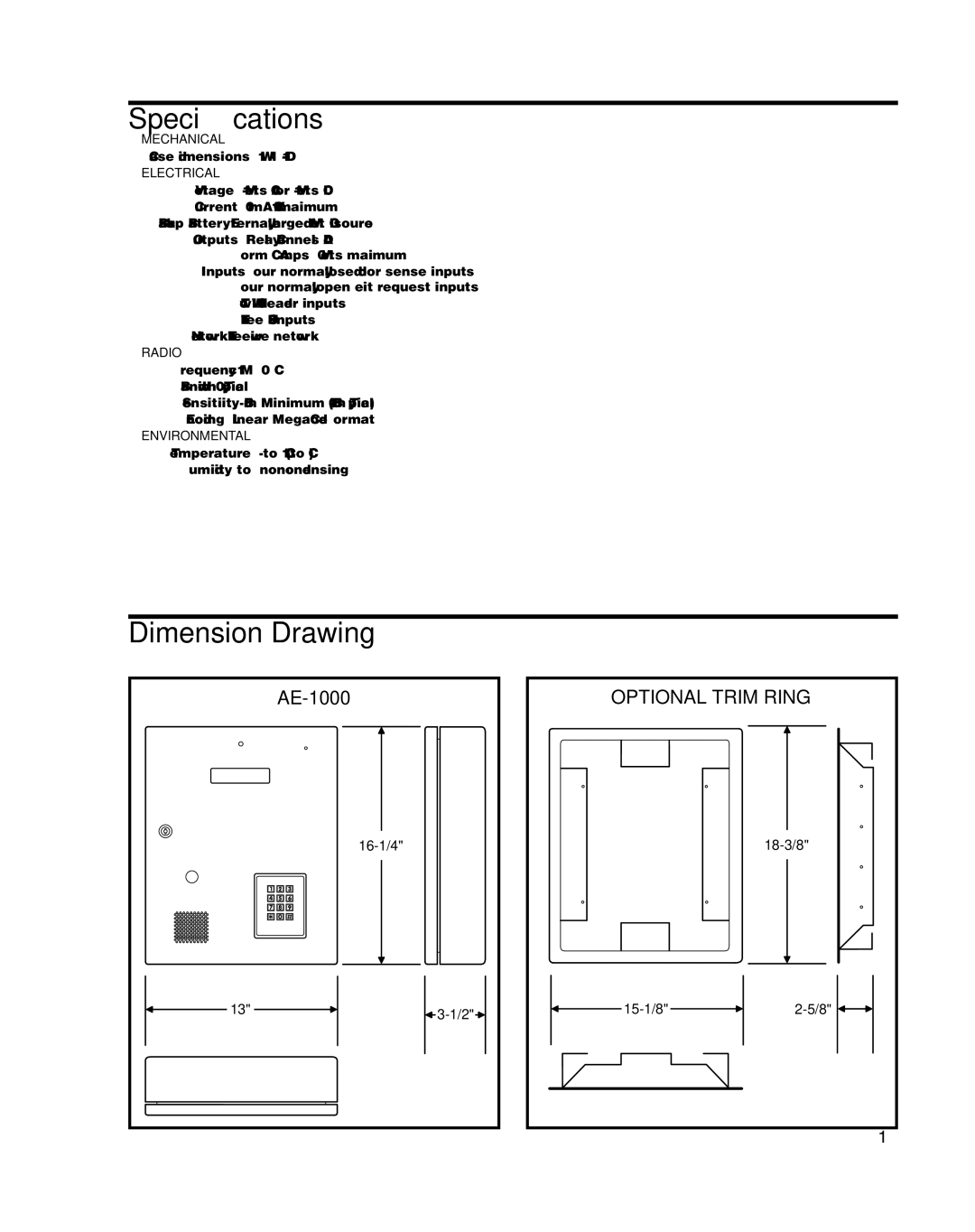 Linear AE-1000 installation instructions Speciﬁcations, Dimension Drawing, 16-1/4, 18-3/8, 15-1/8 