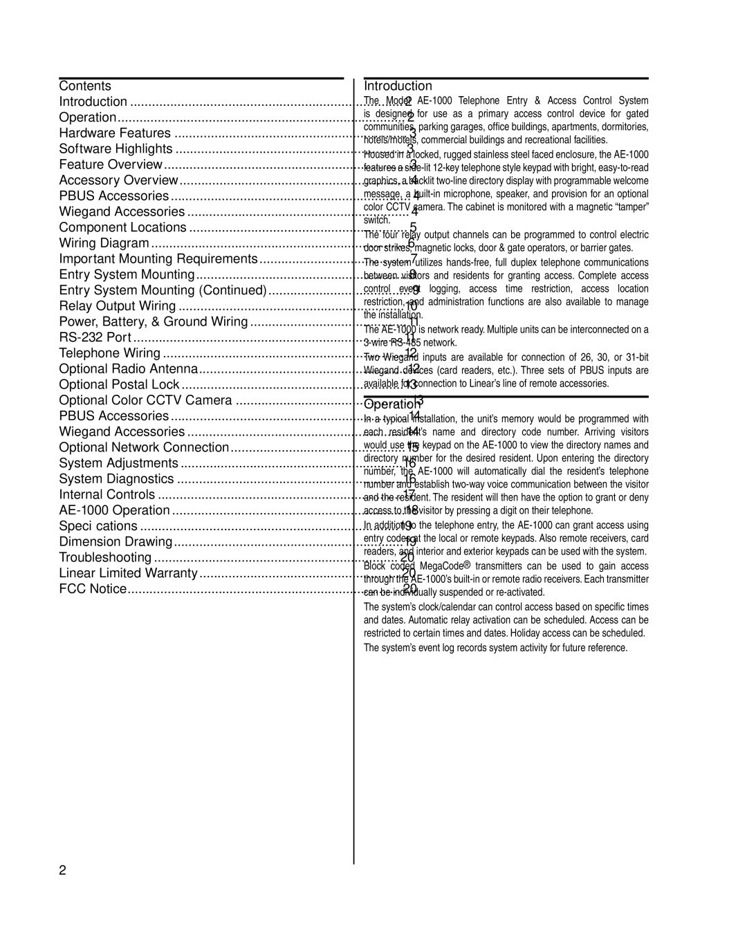 Linear AE-1000 installation instructions Contents, Introduction, Operation 