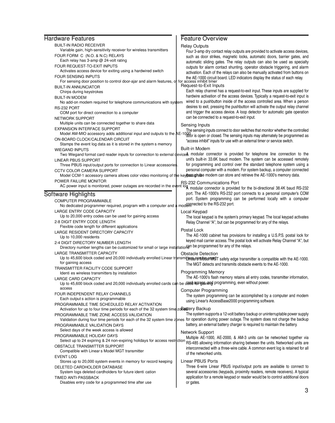 Linear AE-1000 installation instructions Hardware Features, Software Highlights, Feature Overview 