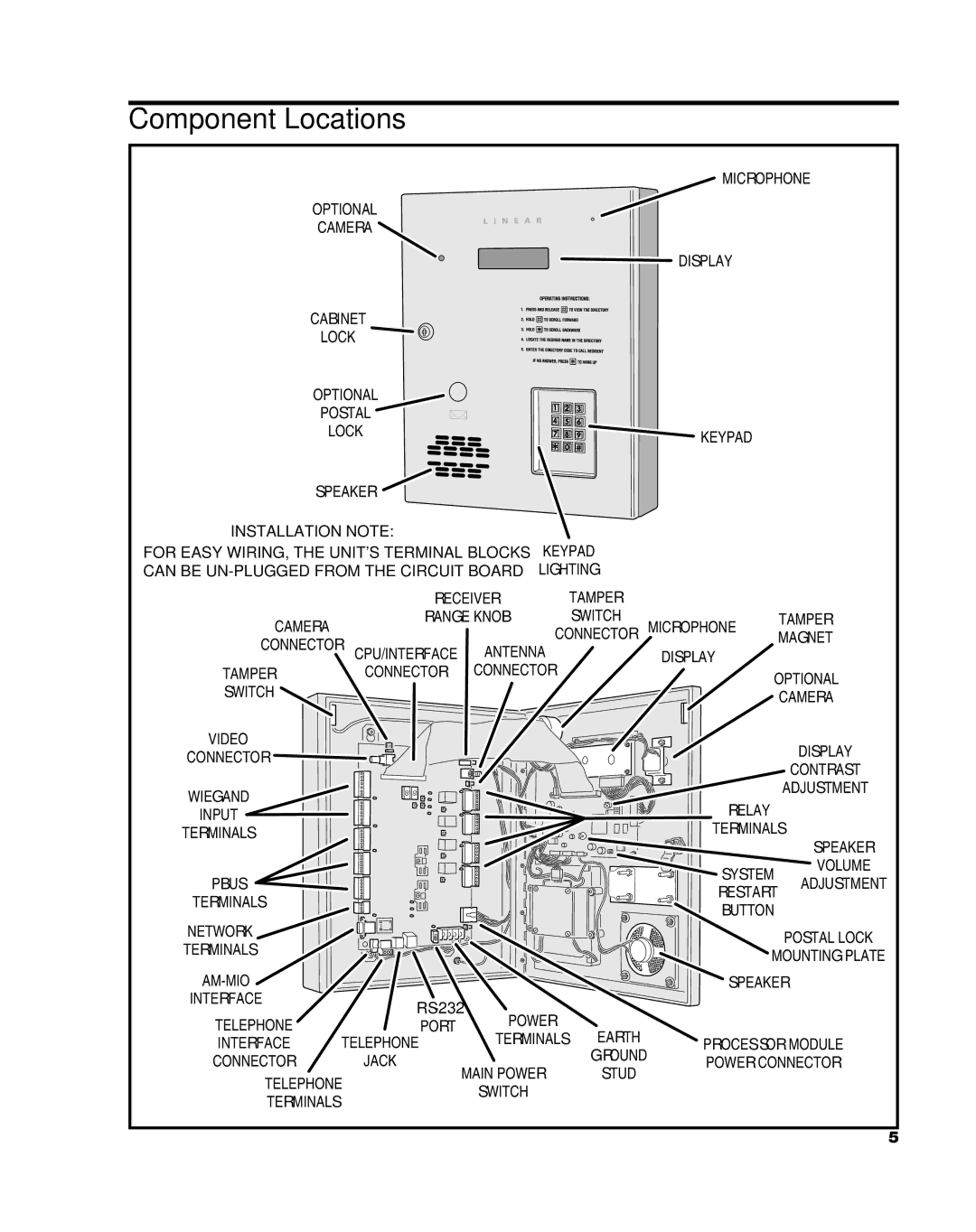 Linear AE-1000 installation instructions Component Locations, Installation Note 