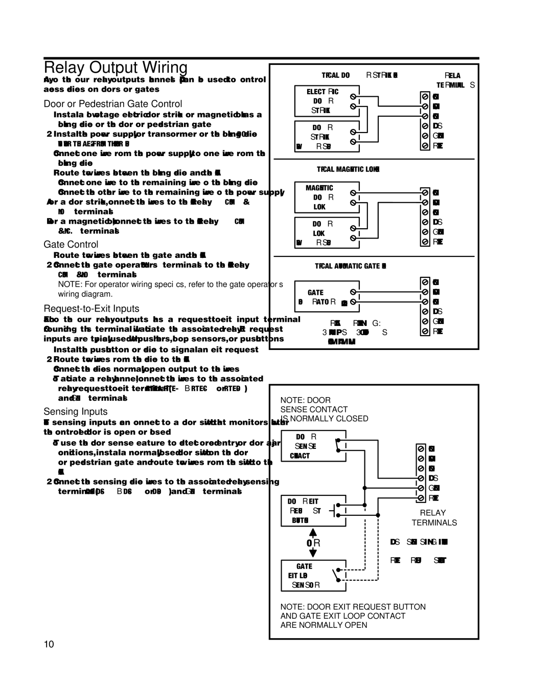 Linear AE-2000 Relay Output Wiring, Door or Pedestrian Gate Control, Request-to-Exit Inputs, Sensing Inputs 