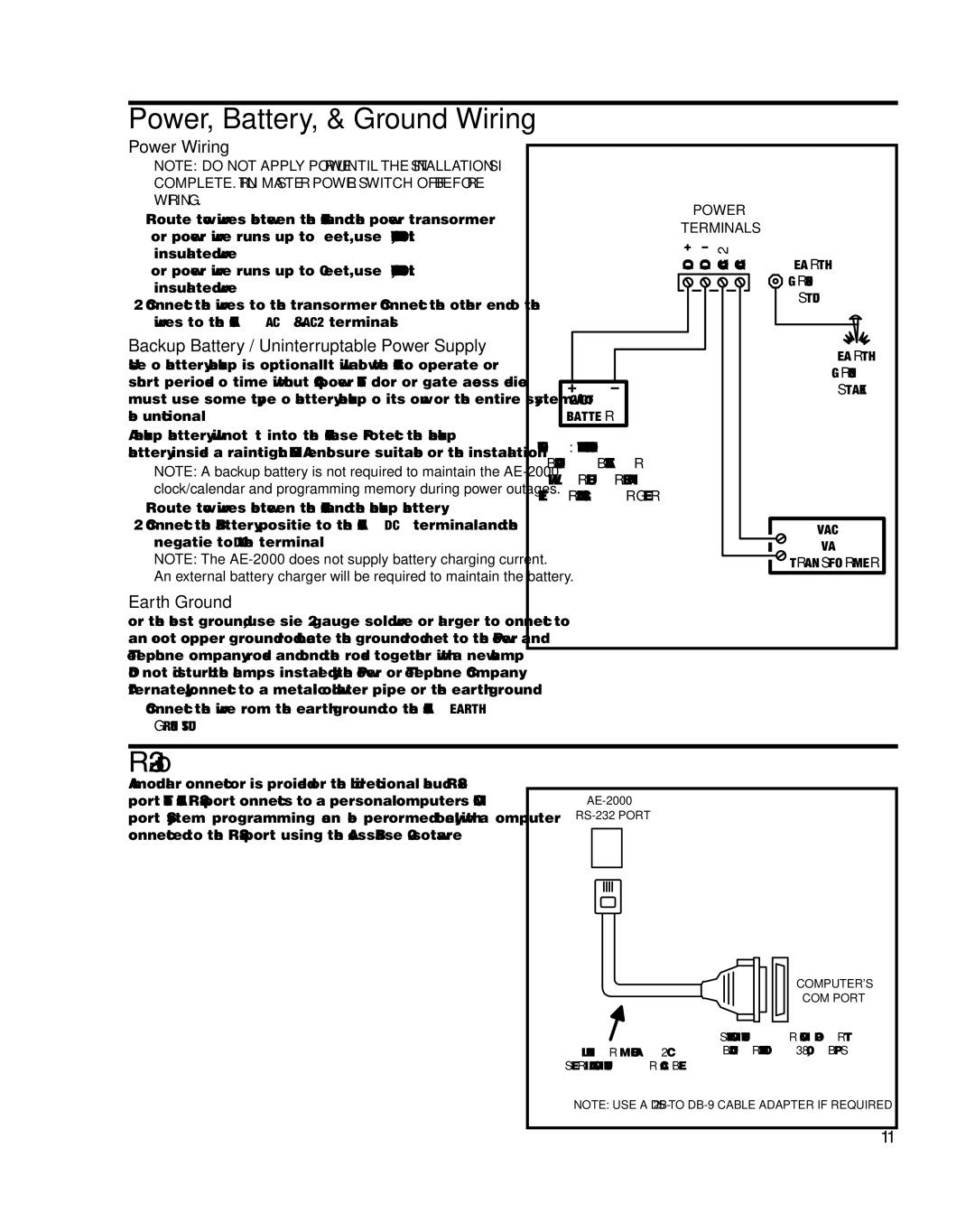 Linear AE-2000 Power, Battery, & Ground Wiring, Power Wiring, Backup Battery / Uninterruptable Power Supply, Earth Ground 