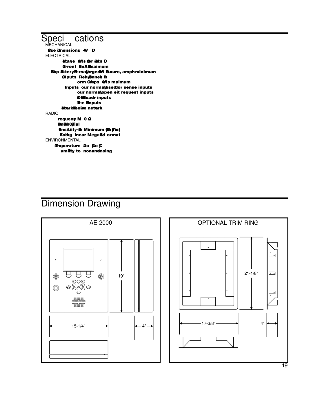 Linear AE-2000 installation instructions Speciﬁcations, Dimension Drawing 