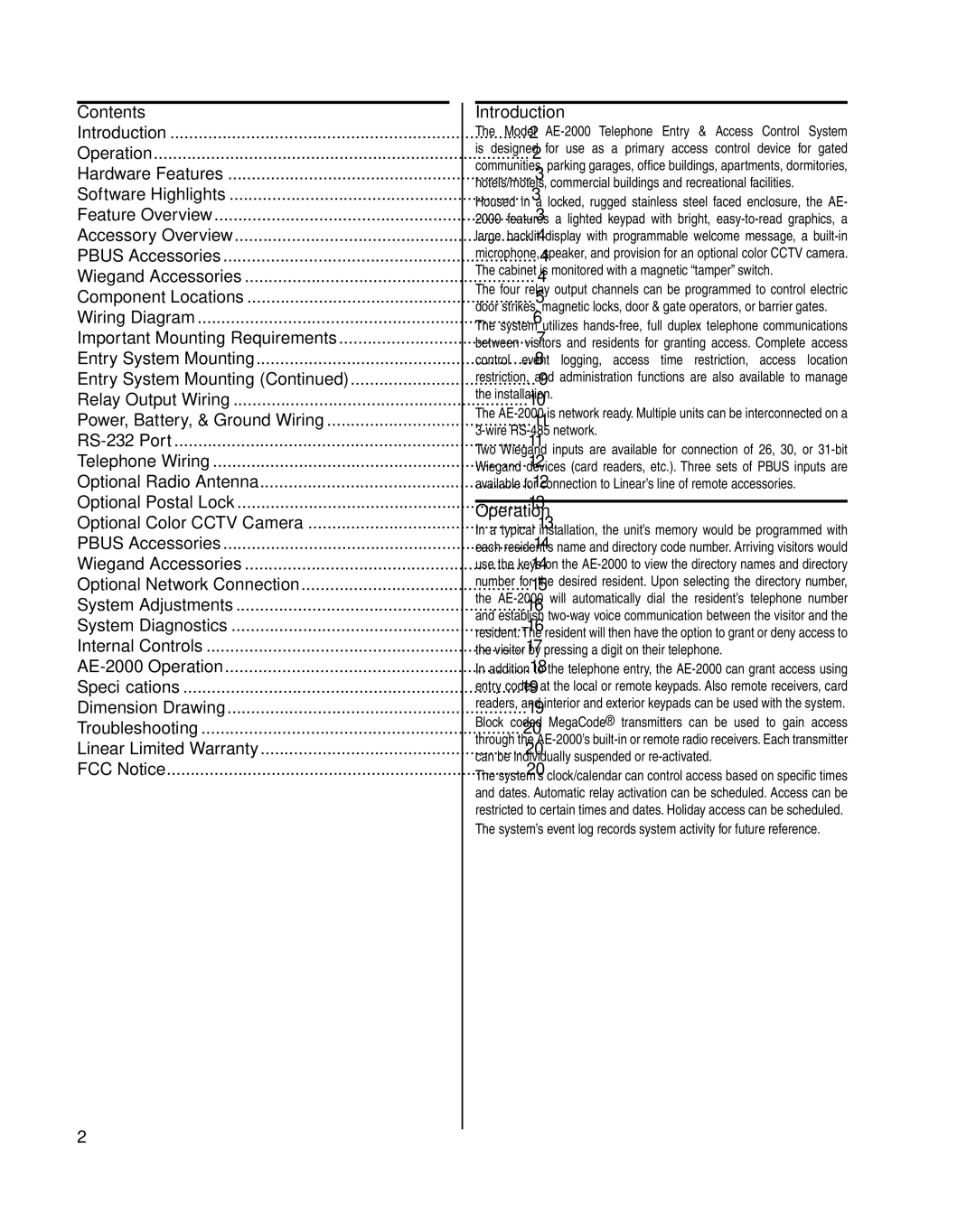 Linear AE-2000 installation instructions Contents, Introduction, Operation 