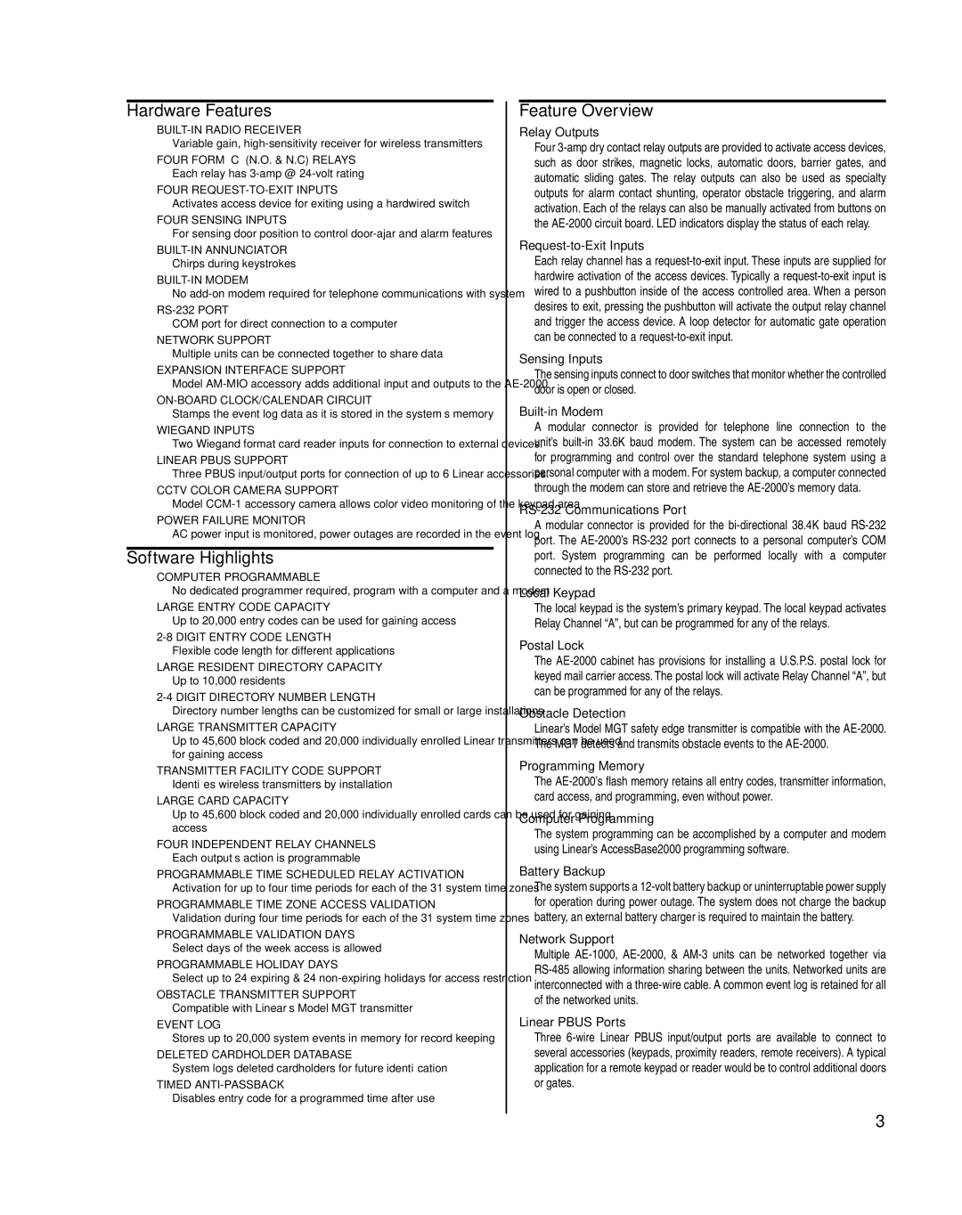 Linear AE-2000 installation instructions Hardware Features, Software Highlights, Feature Overview 