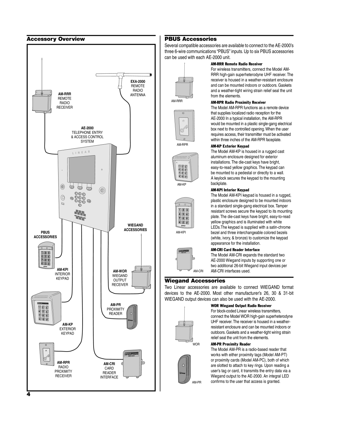 Linear AE-2000 installation instructions Accessory Overview, Pbus Accessories, Wiegand Accessories 