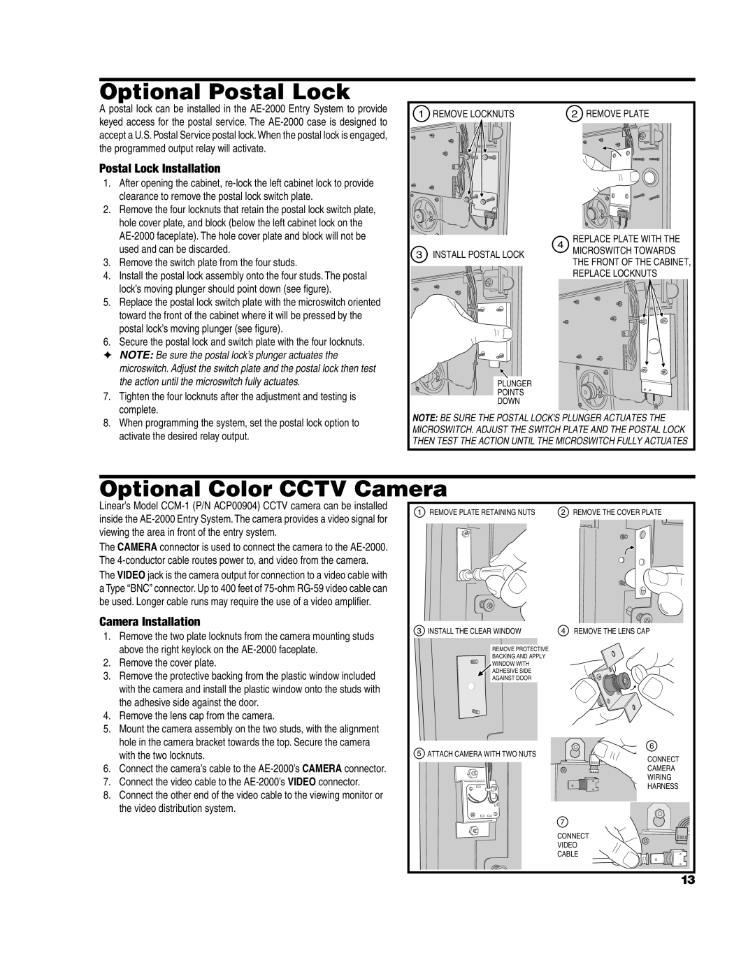 Linear AE-2000 Optional Postal Lock, Optional Color CCTV Camera, Postal Lock Installation, Camera Installation 