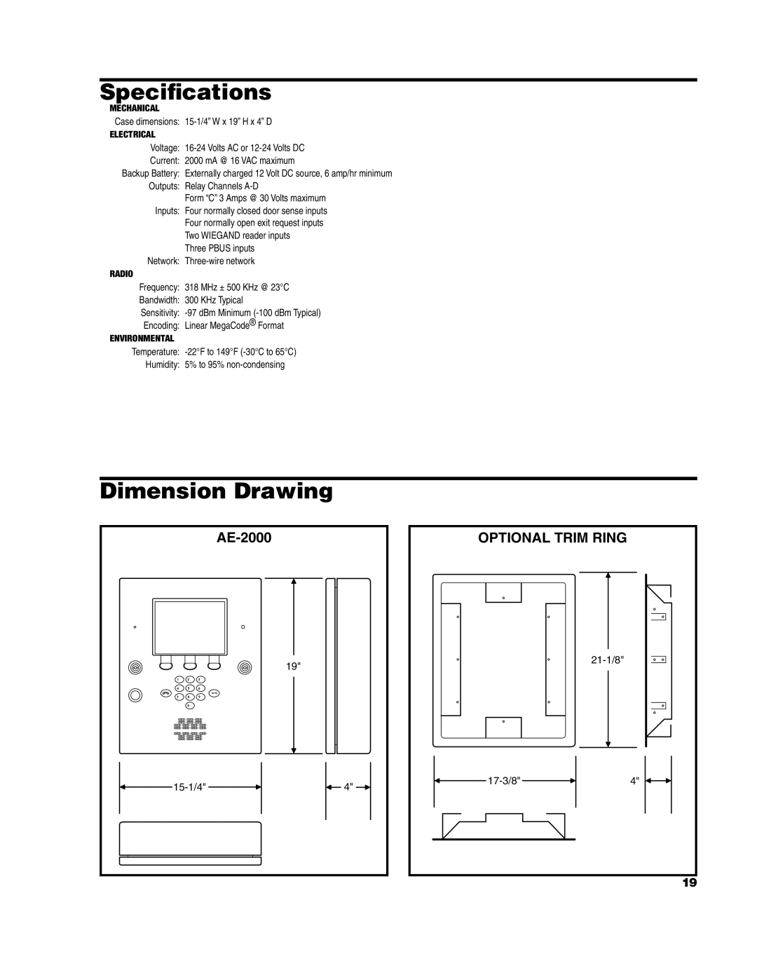 Linear AE-2000 installation instructions Speciﬁcations, Dimension Drawing, Optional Trim Ring 