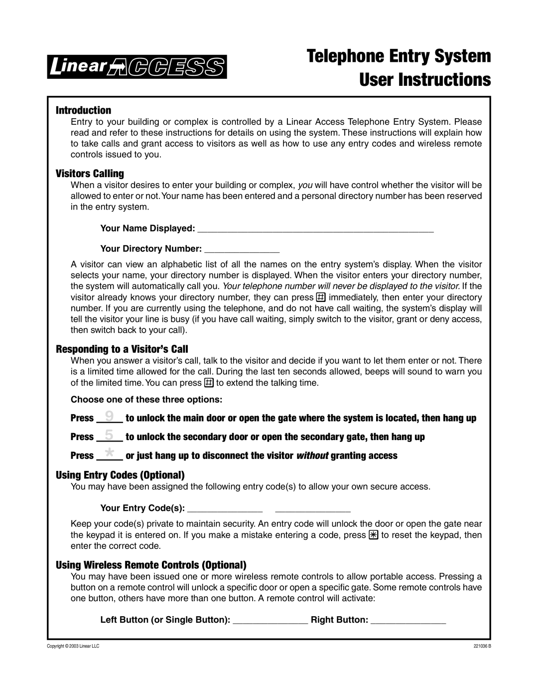 Linear AE-500 manual Telephone Entry System User Instructions 