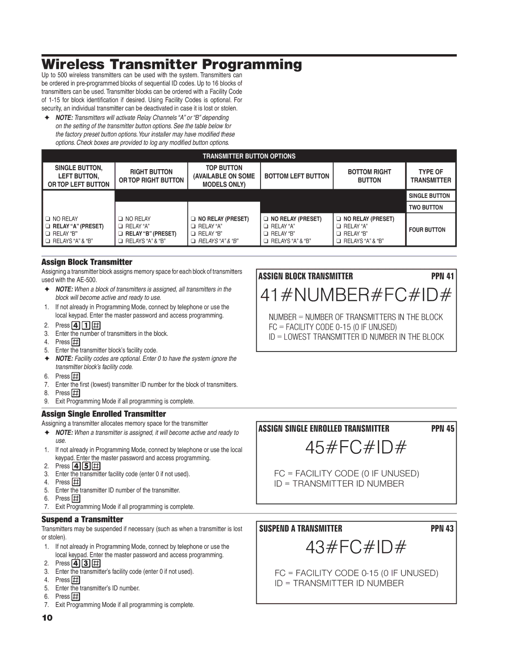 Linear AE-500 manual 41#NUMBER#FC#ID#, 45#FC#ID#, 43#FC#ID#, Wireless Transmitter Programming 