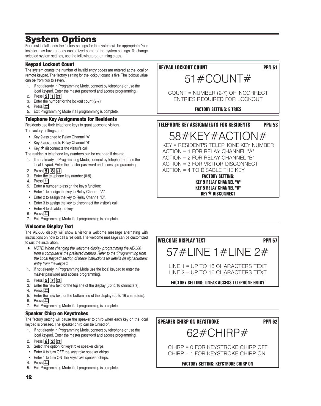 Linear AE-500 manual 51#COUNT#, 58#KEY#ACTION#, 57#LINE 1#LINE 2#, 62#CHIRP#, System Options 