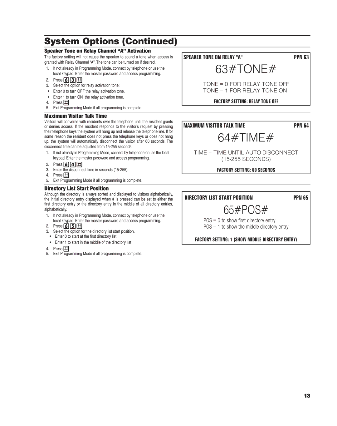 Linear AE-500 manual 63#TONE#, 64#TIME#, 65#POS# 