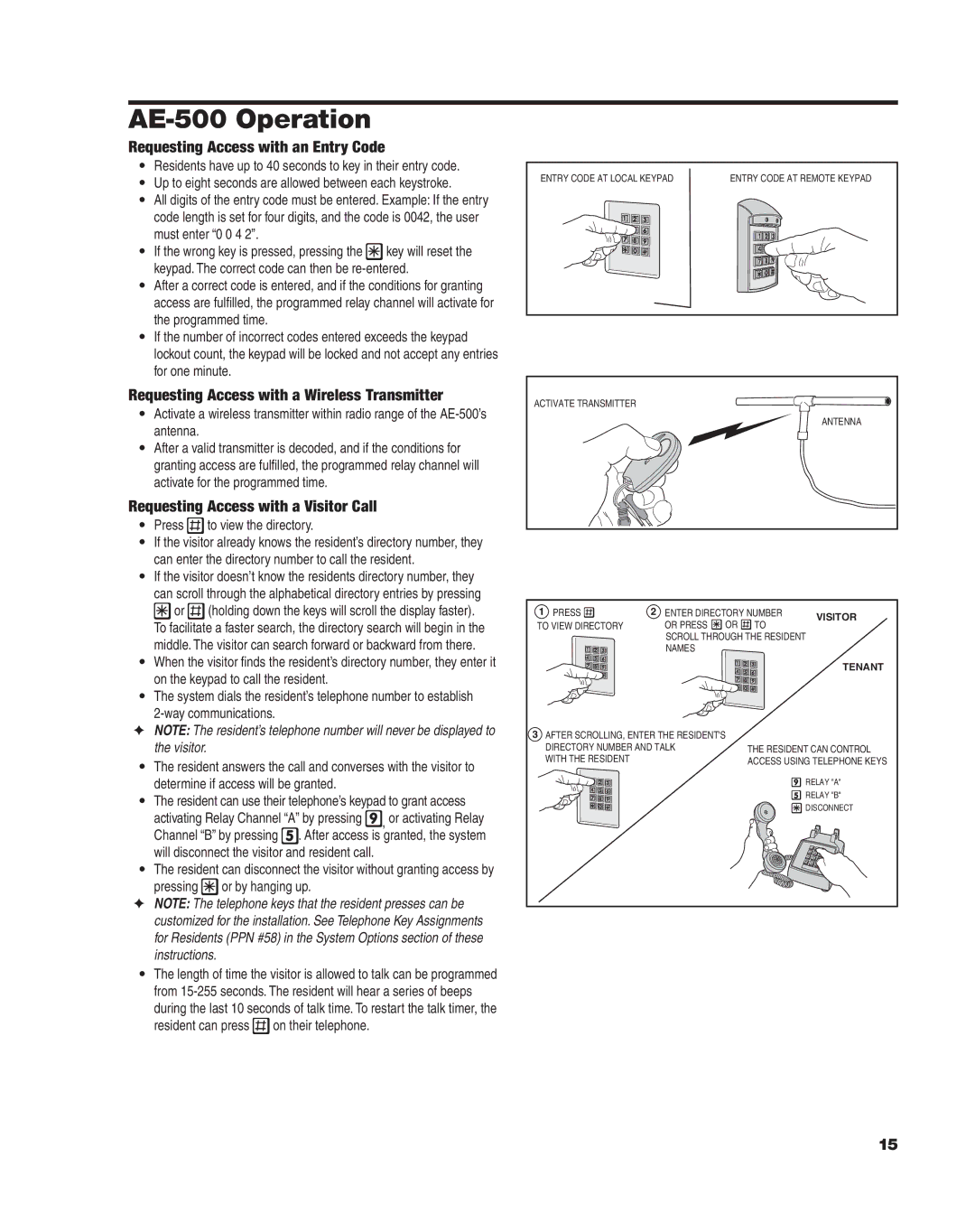 Linear manual AE-500 Operation, Requesting Access with an Entry Code, Requesting Access with a Wireless Transmitter 