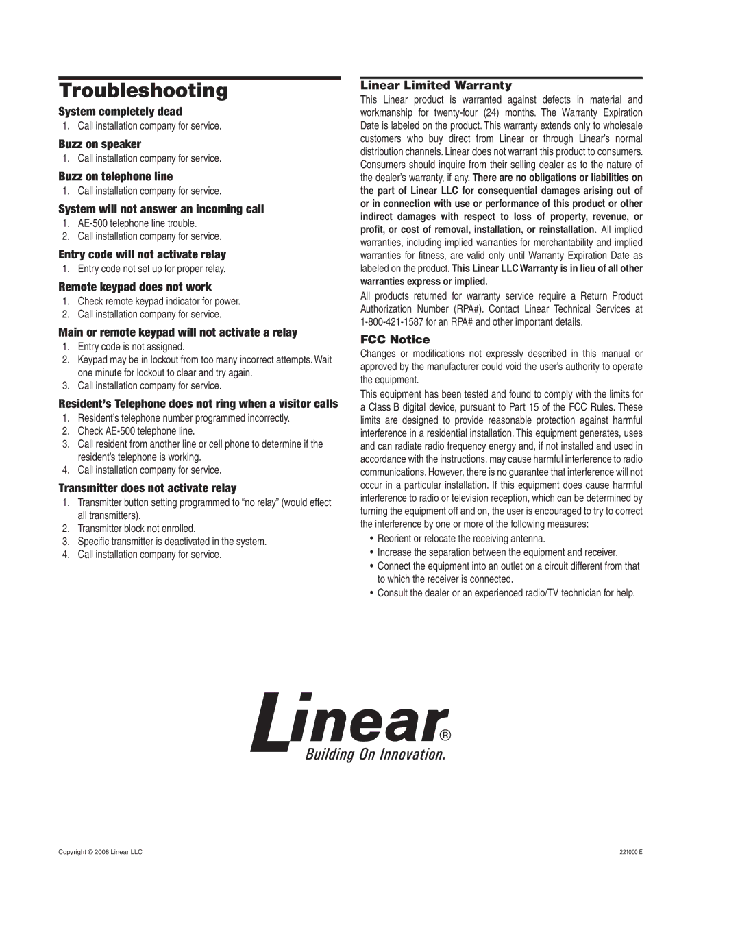 Linear AE-500 manual Troubleshooting 