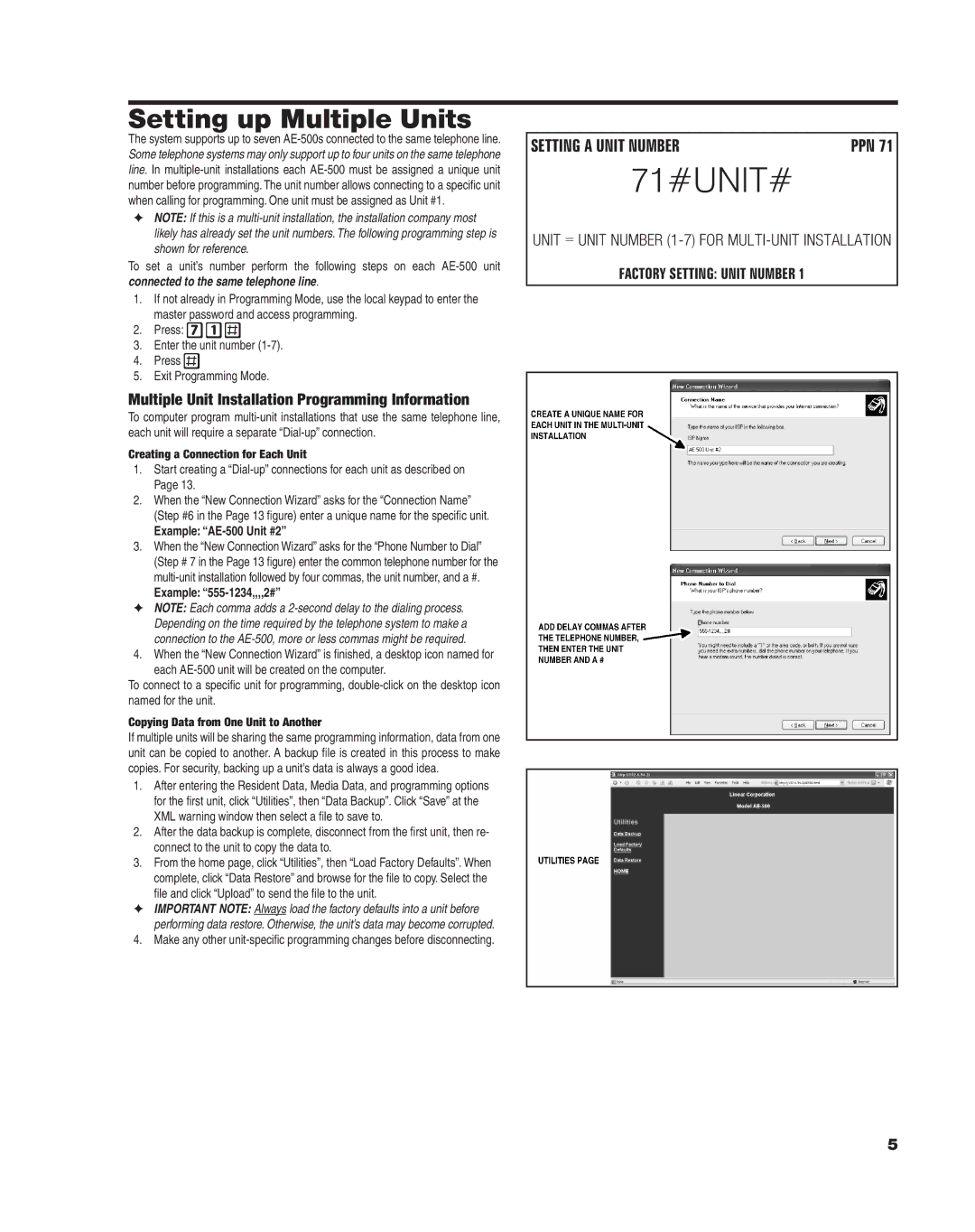 Linear AE-500 manual 71#UNIT#, Setting up Multiple Units, Press Enter the unit number Exit Programming Mode 