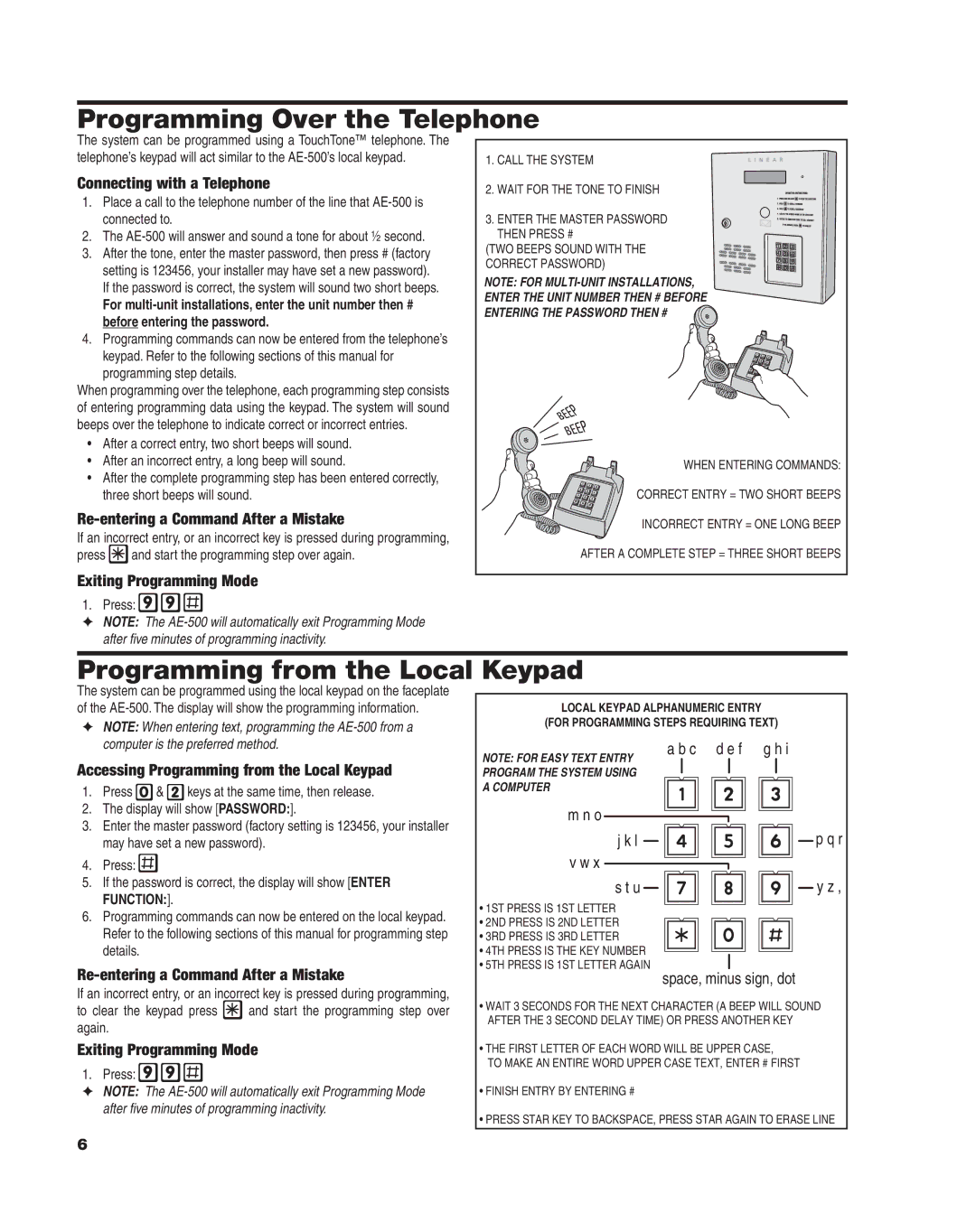 Linear AE-500 manual Programming Over the Telephone, Programming from the Local Keypad 