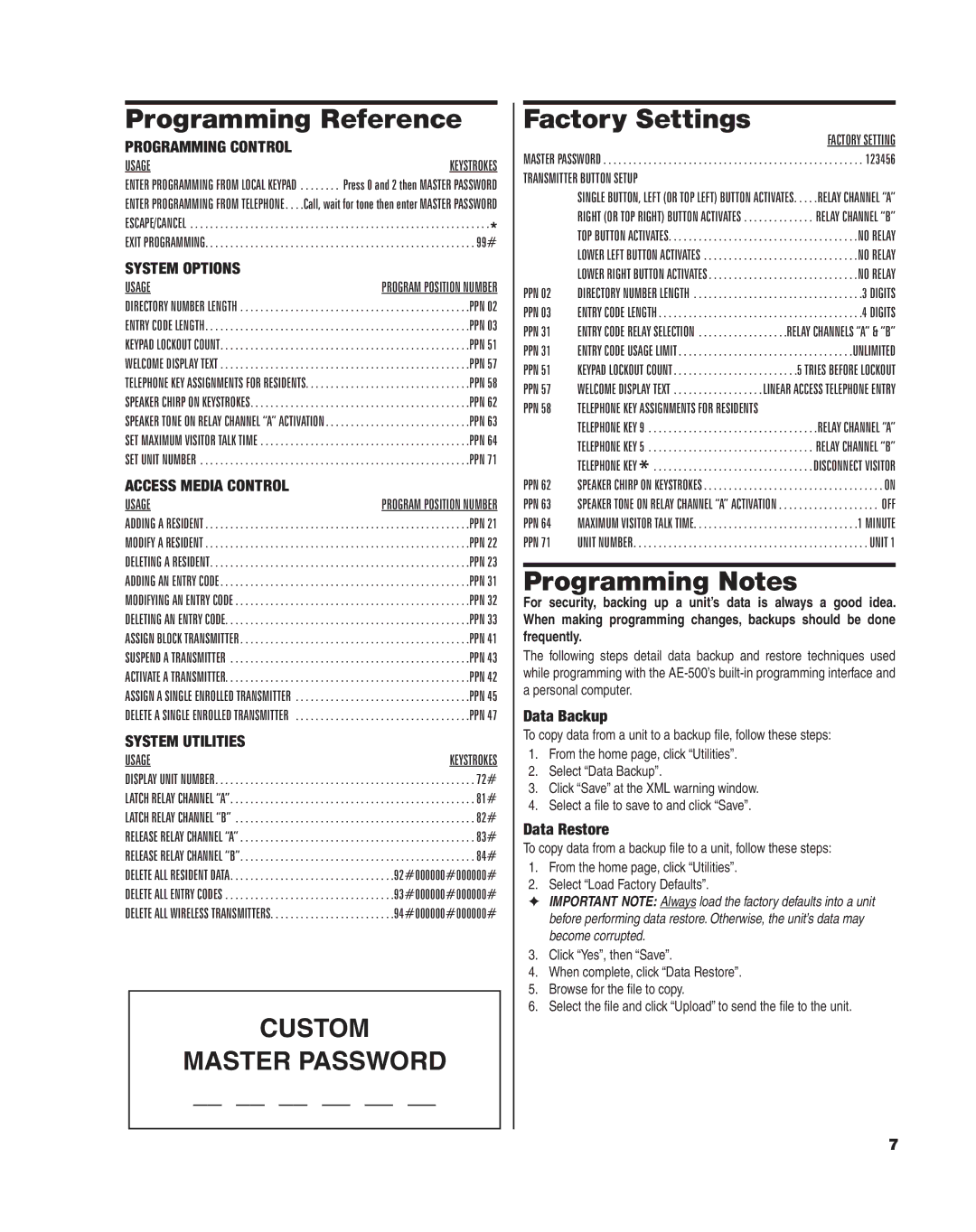 Linear AE-500 manual Programming Reference, Factory Settings, Programming Notes, Data Backup, Data Restore 