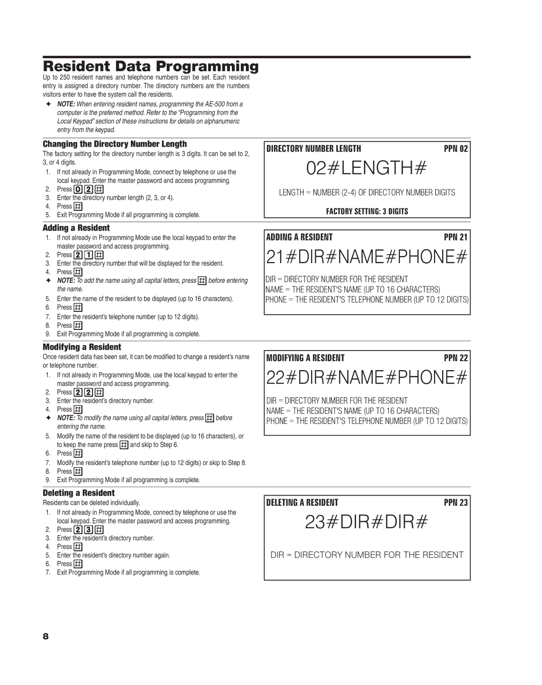 Linear AE-500 manual 02#LENGTH#, 21#DIR#NAME#PHONE#, 22#DIR#NAME#PHONE#, 23#DIR#DIR#, Resident Data Programming 