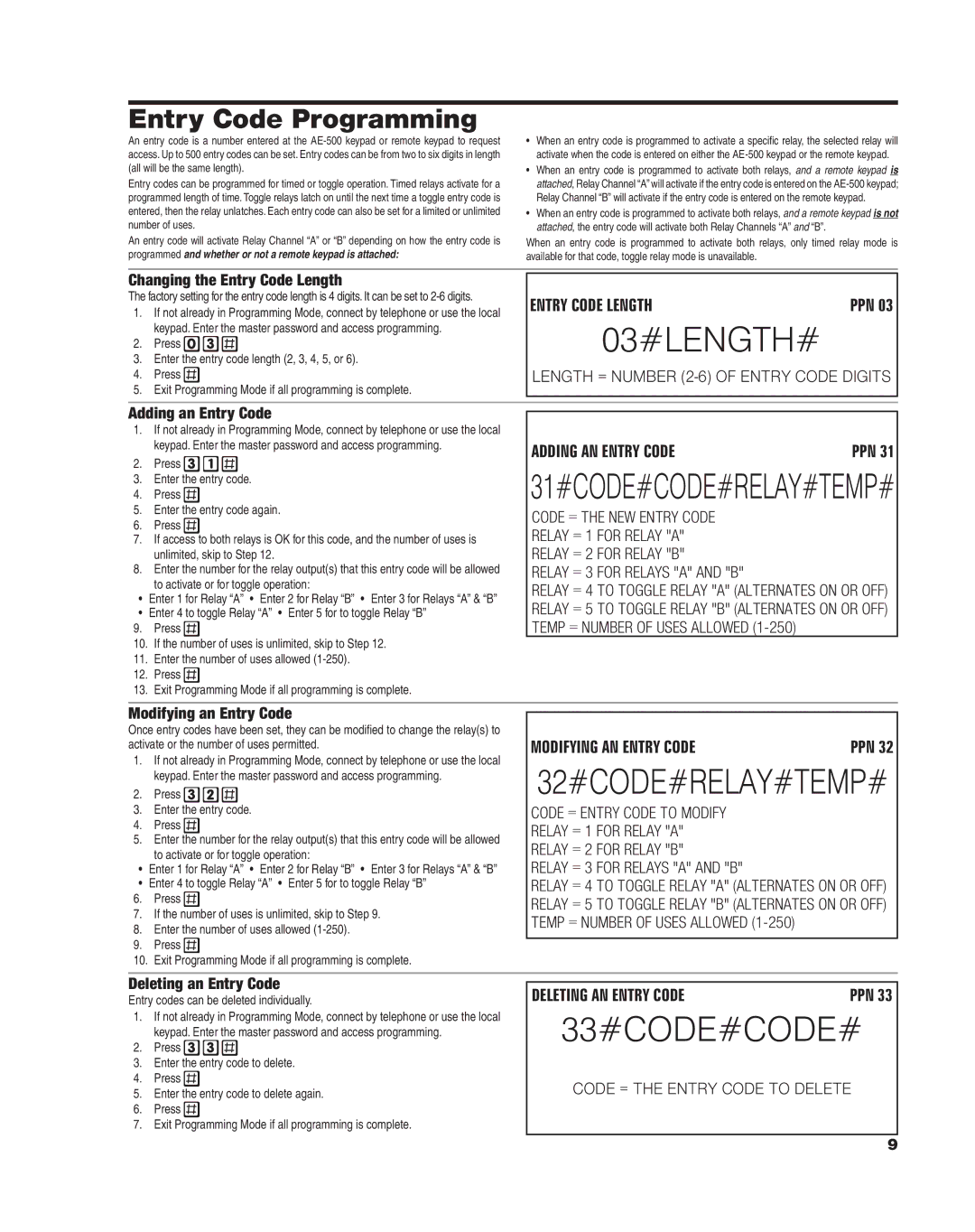 Linear AE-500 manual 03#LENGTH#, 33#CODE#CODE#, Entry Code Programming 