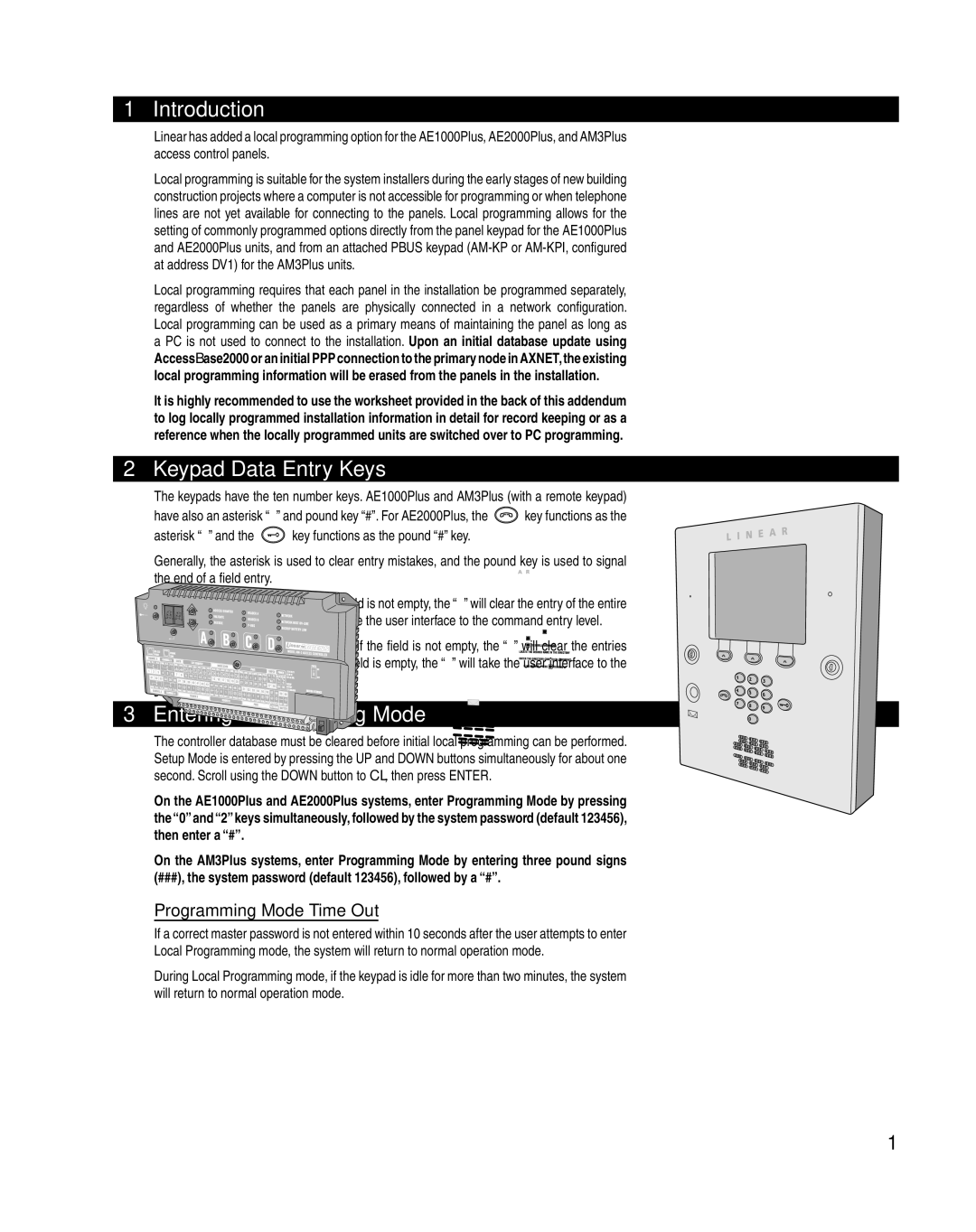 Linear AE1000Plus, AM3Plus, AE2000Plus manual Introduction, Keypad Data Entry Keys, Entering Programming Mode 