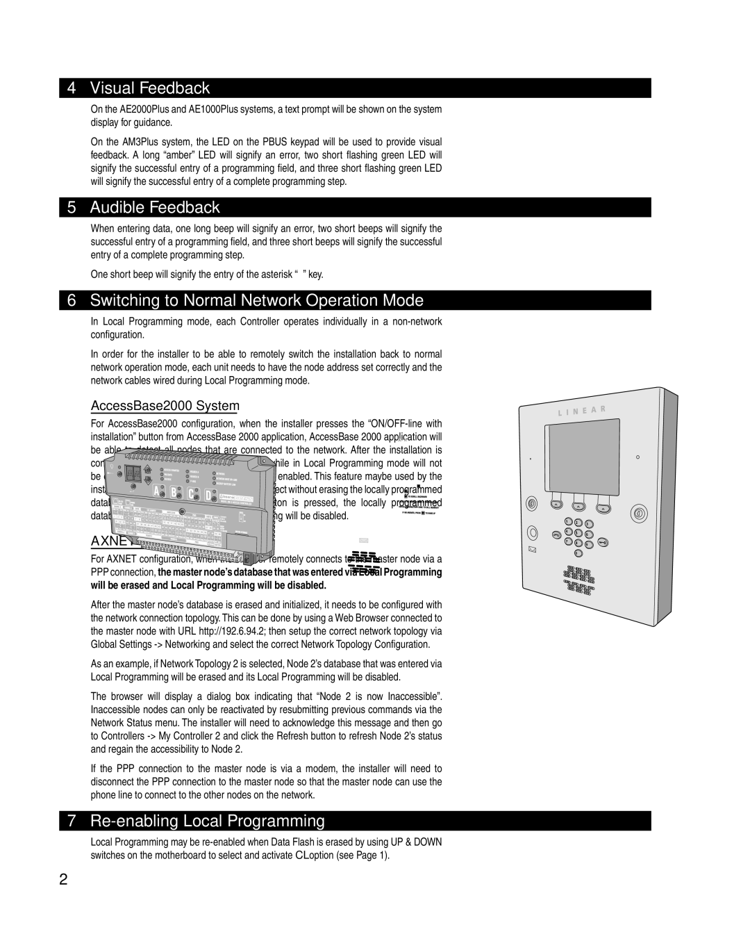 Linear AM3Plus, AE1000Plus, AE2000Plus manual Visual Feedback, Audible Feedback, Switching to Normal Network Operation Mode 