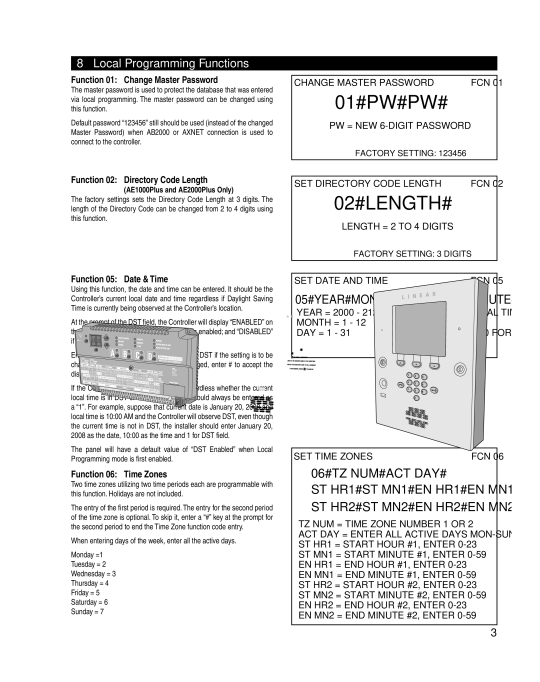 Linear AE2000Plus, AE1000Plus, AM3Plus manual 02#LENGTH#, 06#TZ NUM#ACT DAY#, Local Programming Functions 