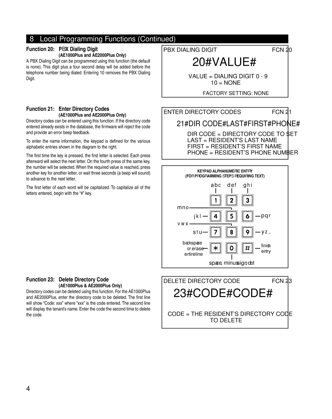 Linear AE1000Plus, AM3Plus, AE2000Plus manual 20#VALUE#, 23#CODE#CODE#, 21#DIR CODE#LAST#FIRST#PHONE# 