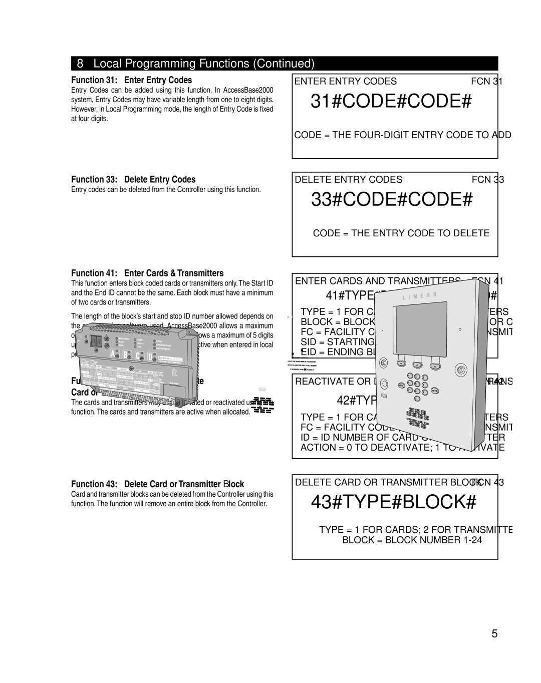 Linear AM3Plus, AE1000Plus, AE2000Plus manual 31#CODE#CODE#, 33#CODE#CODE#, 43#TYPE#BLOCK#, 42#TYPE#FC#ID#ACTION# 