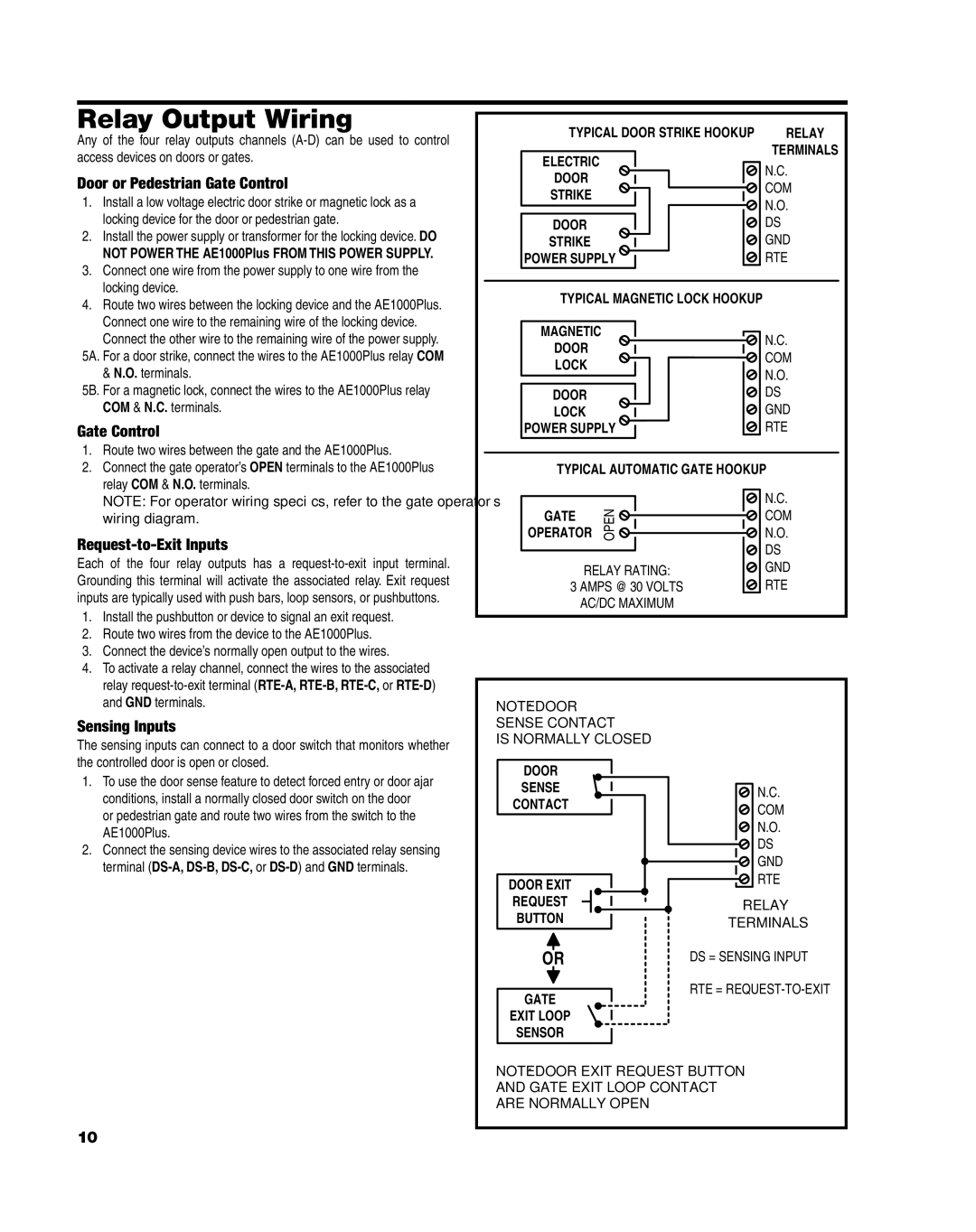 Linear AE1000Plus Relay Output Wiring, Door or Pedestrian Gate Control, Request-to-Exit Inputs, Sensing Inputs 