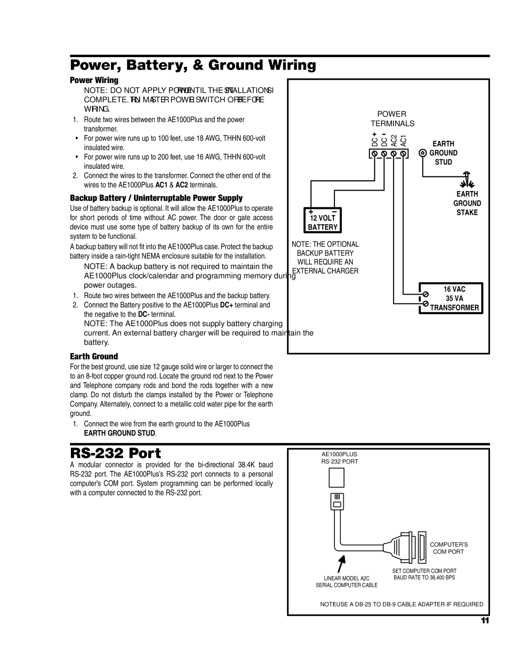 Linear AE1000Plus installation instructions Power, Battery, & Ground Wiring, RS-232 Port, Power Wiring, Earth Ground 