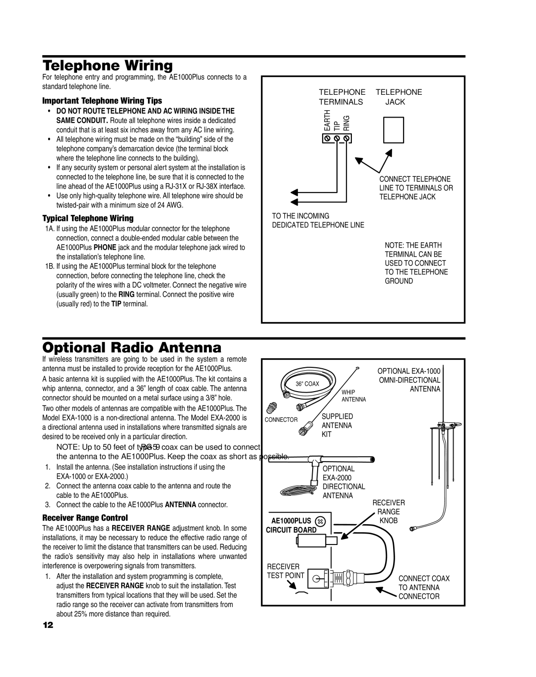 Linear AE1000Plus Optional Radio Antenna, Important Telephone Wiring Tips, Typical Telephone Wiring 