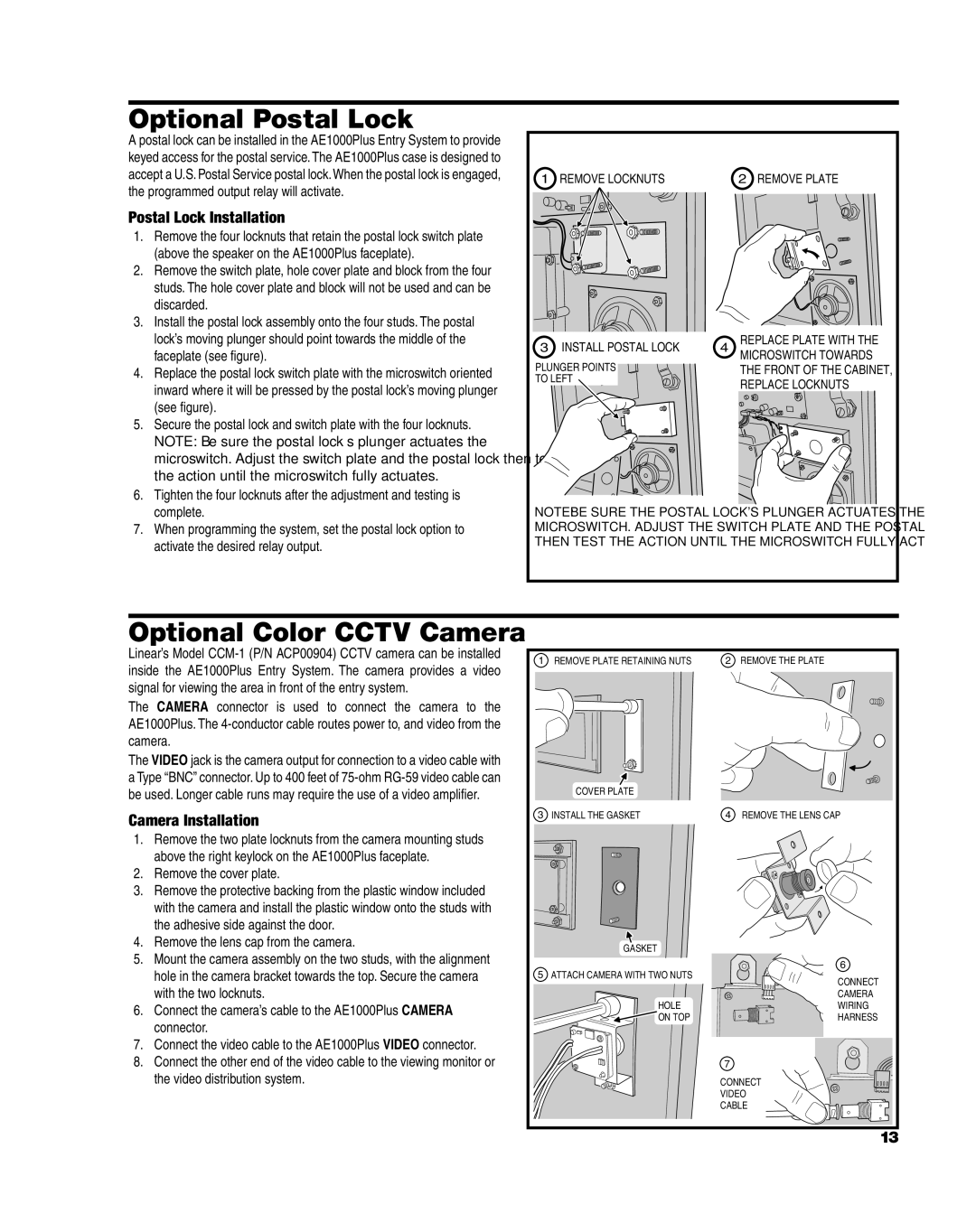 Linear AE1000Plus installation instructions Optional Postal Lock, Postal Lock Installation, Camera Installation 